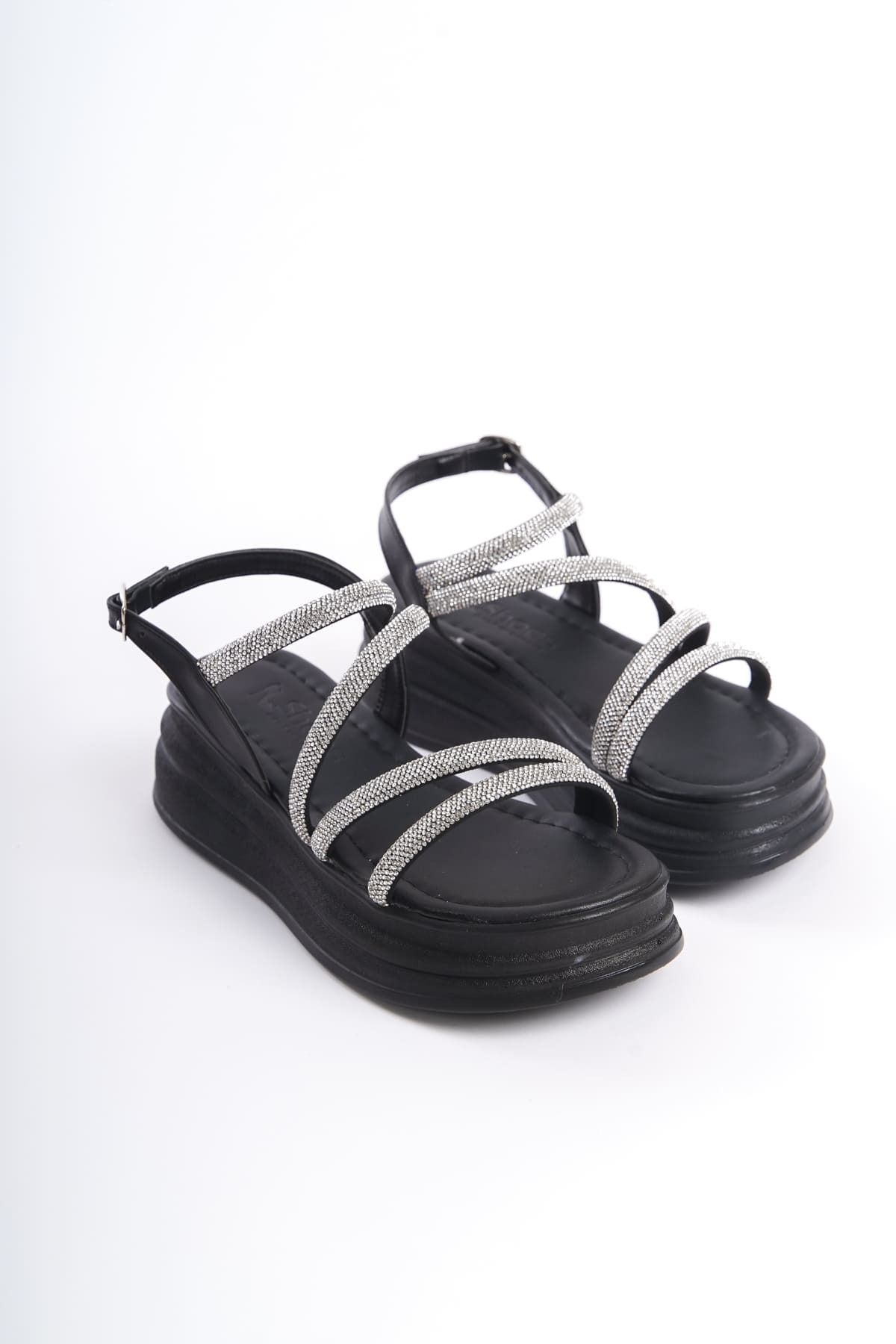 BZ Moda ZAHRA İnce Tokalı Taşlı Şeritli Ortopedik Taban Kadın Sandalet ST Siyah
