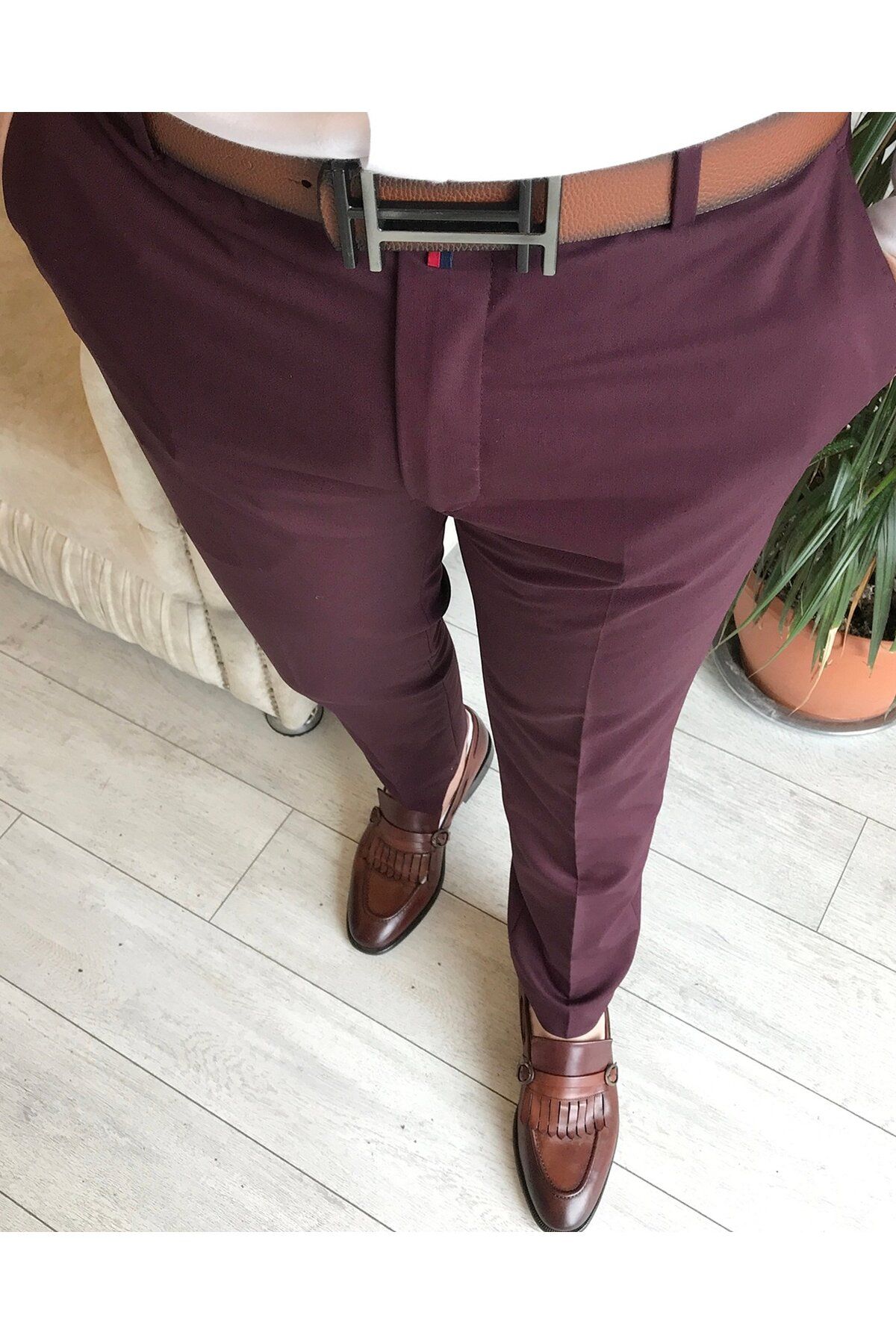 TerziAdemAltun İtalyan Stil Slim Fit Erkek Kumaş Pantolon Bordo T4423
