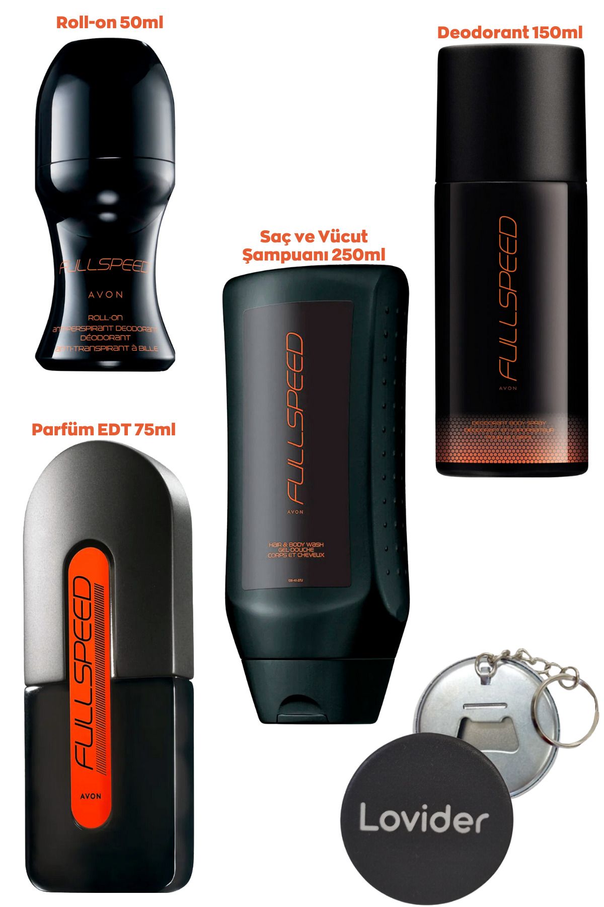 Avon Full Speed Erkek Set; Parfüm 75ml + Deodorant + Şampuan + Roll-on + Lovider Anahtarlık