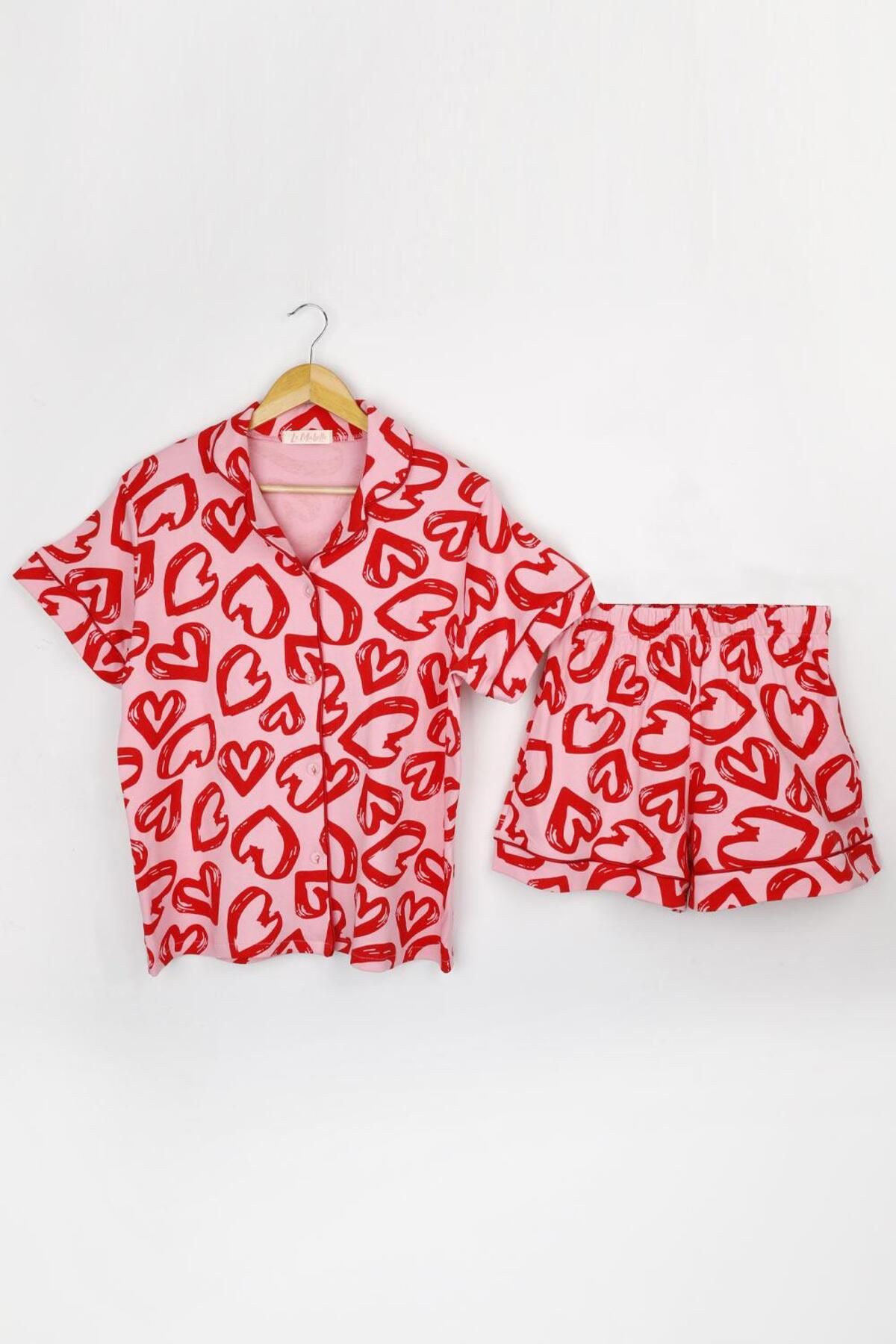 Le Mabelle Pembe Kalp Desenli Penye Kadın Pijama Takımı