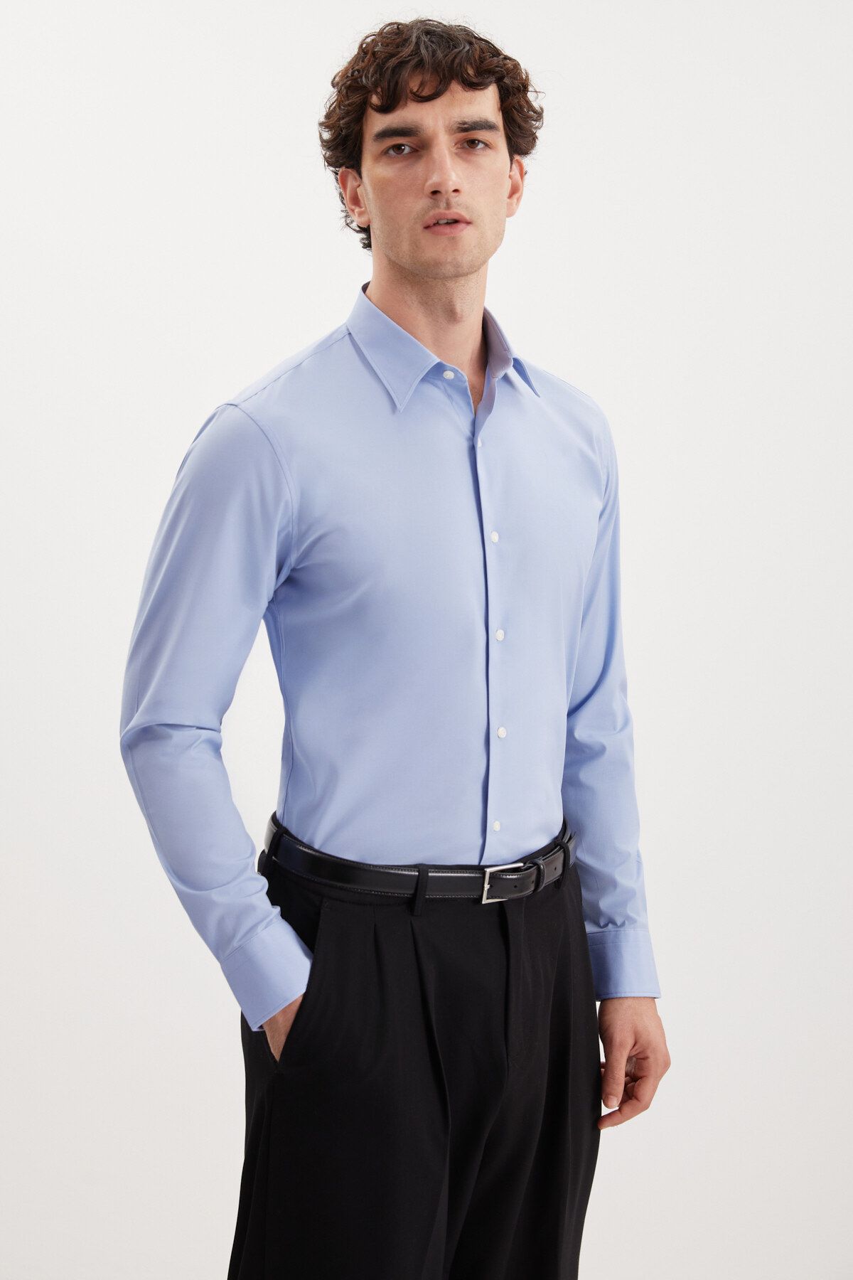 GRIMELANGE Branham Erkek Ultra Esnek Pamuk Elastan Kumaşlı Slim Fit Poplin Mavi Gömlek