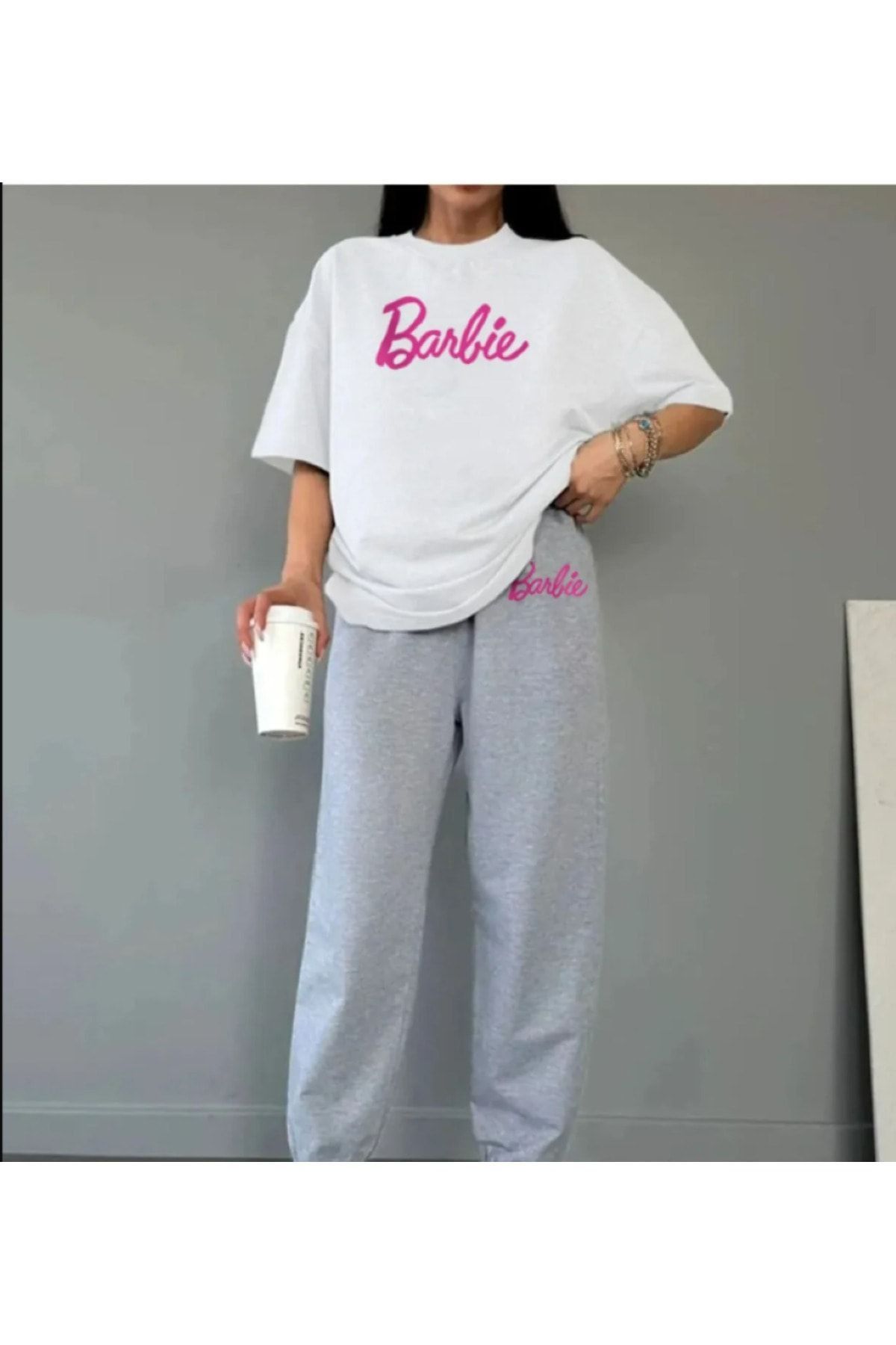 DUBU BUTİK T-shirt Eşofman Altı Jogger -Beyaz-Gri Baskı Alt Üst Eşofman Takımı Oversize Bisiklet Yaka