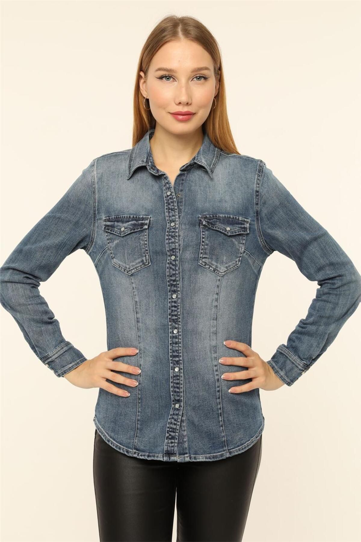 Home Store Gömlek Jean 2 Cepli Sedefli Çıtçıtlı - Mavi