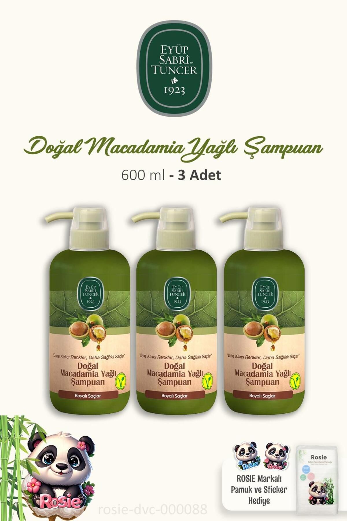 Eyüp Sabri Tuncer 3 Adet Doğal Macadamia Yağlı Şampuan 600 ml ve ROSIE Pamuk