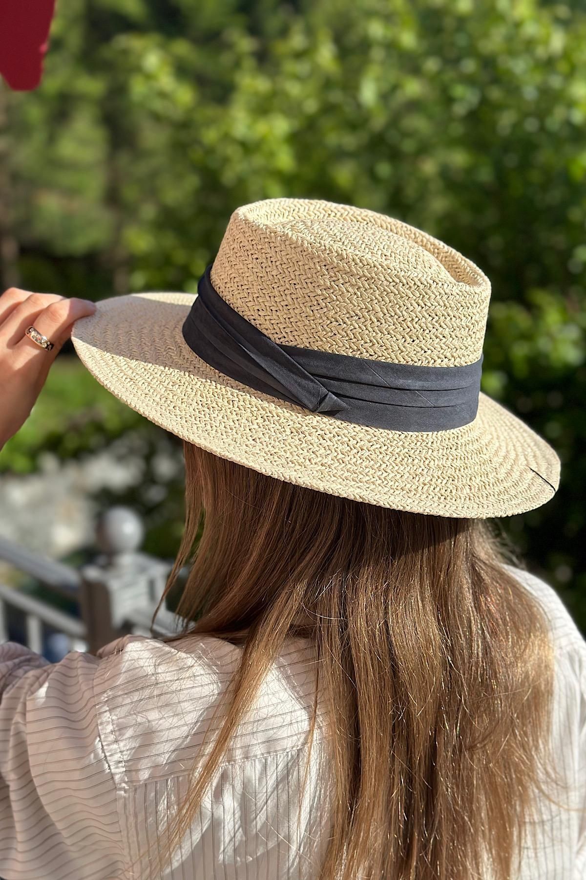 novon Renkli Bant Detaylı Premium Panama Hasır Şapka