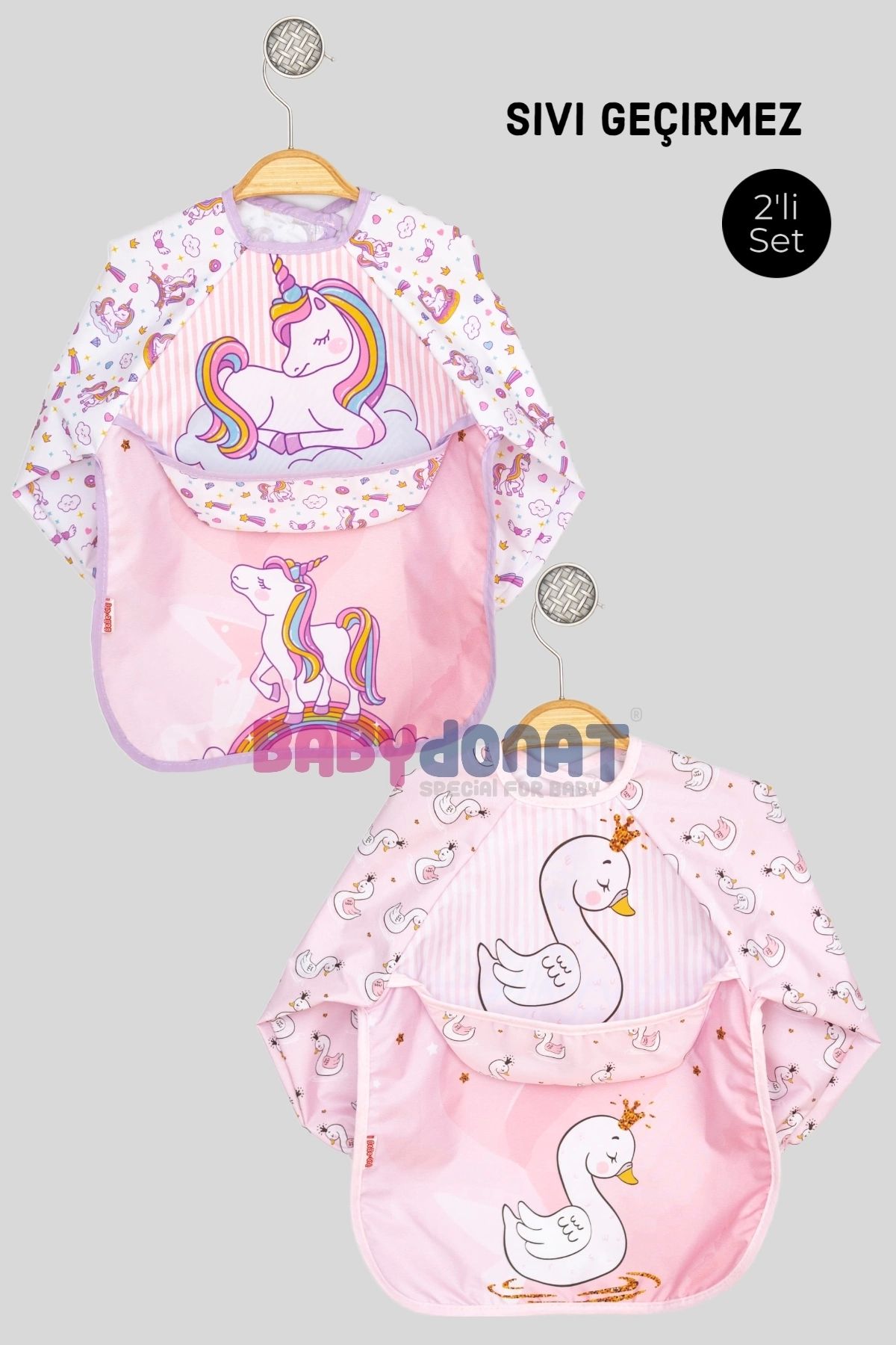 Babydonat Cepli Giyilebilir Sıvı Geçirmez Uzun Kol Mama ve Aktivite Önlüğü ( Unicorn-Kuğu)