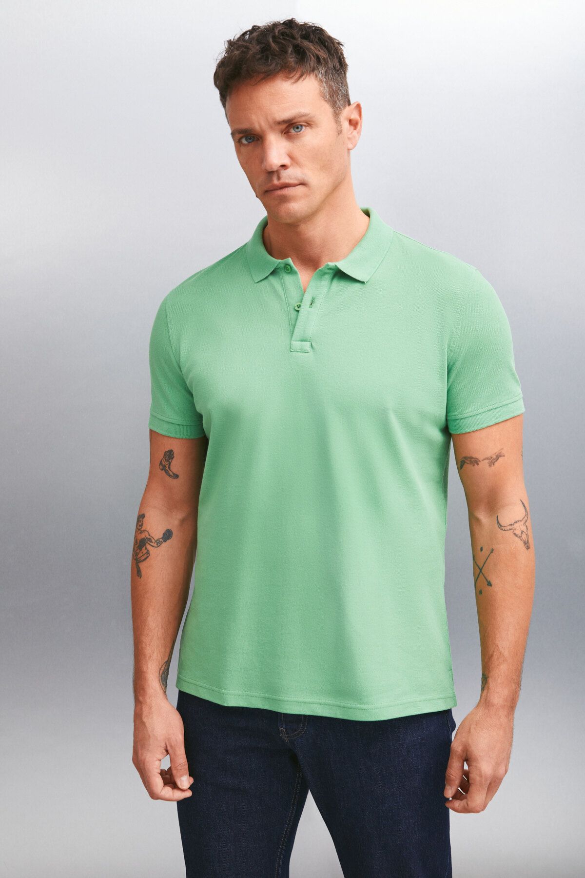 GRIMELANGE FORET Erkek %100 Pamuk Kısa Kol Regular Fit Yeşil Polo Yaka T-shirt