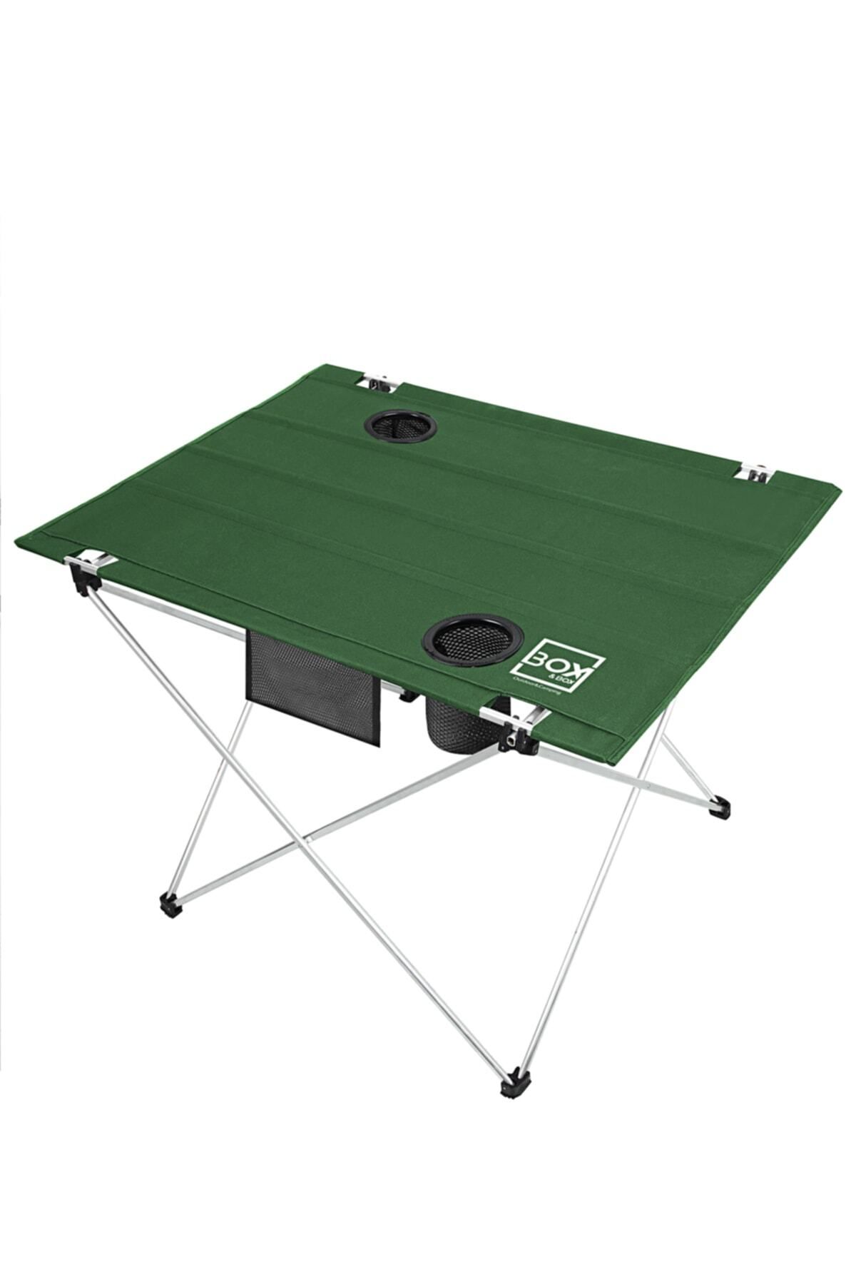 Box&Box Katlanabilir Kumaş Kamp Ve Piknik Masası, Yeşil, Geniş Model, 2 Bardak Gözü, 73x55x48cm