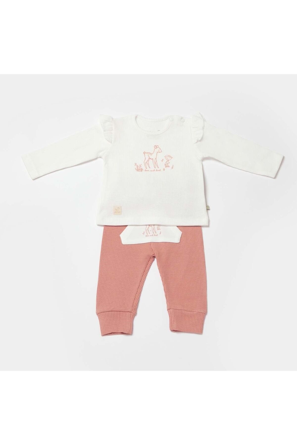 Bibaby Biorganic Waffle Deer And Bird 2'Li Bebek Takım 59783 Ekru Gül Kurusu