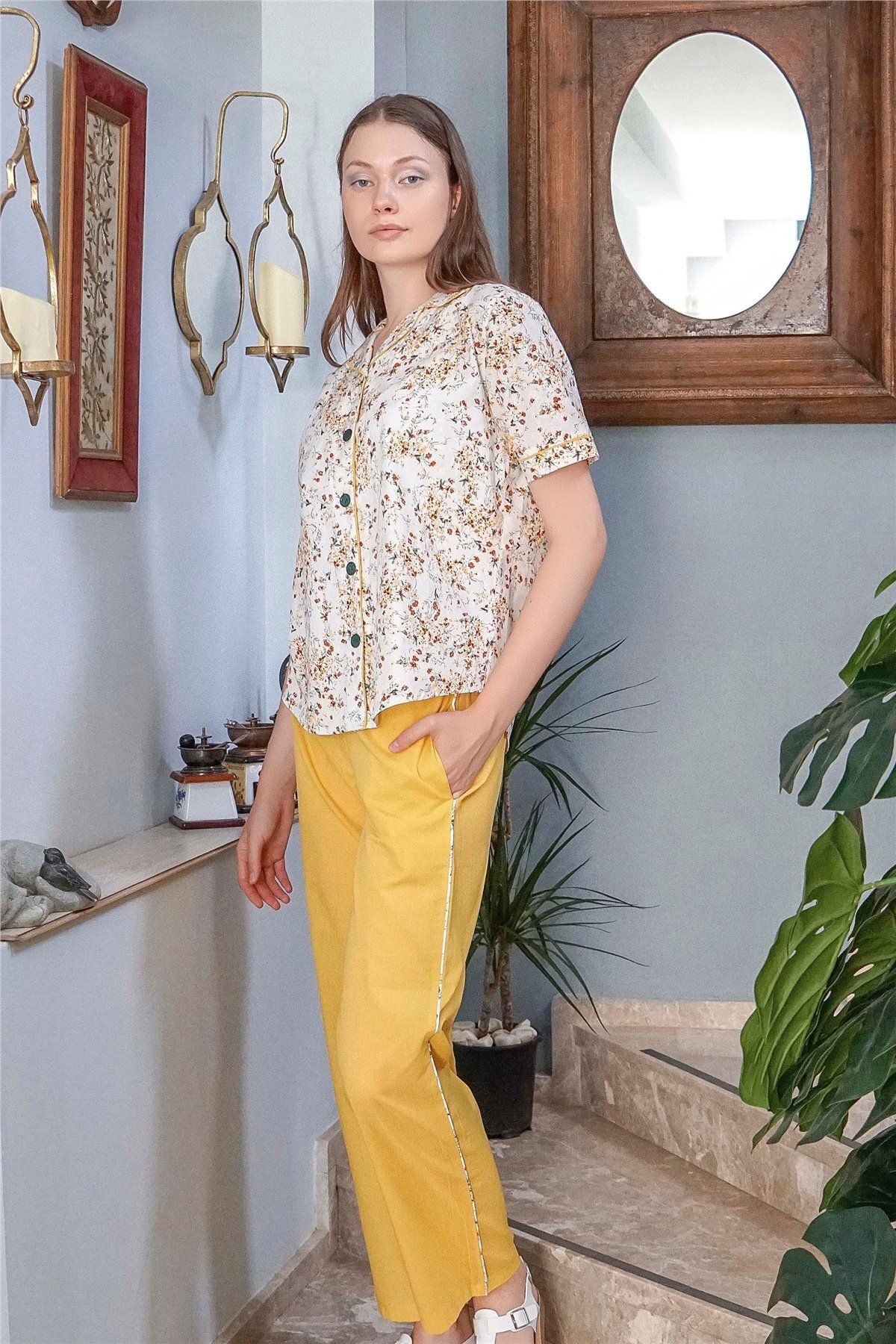 Jiber Kadın Sarı Çiçekli Pijama Takımı 10019