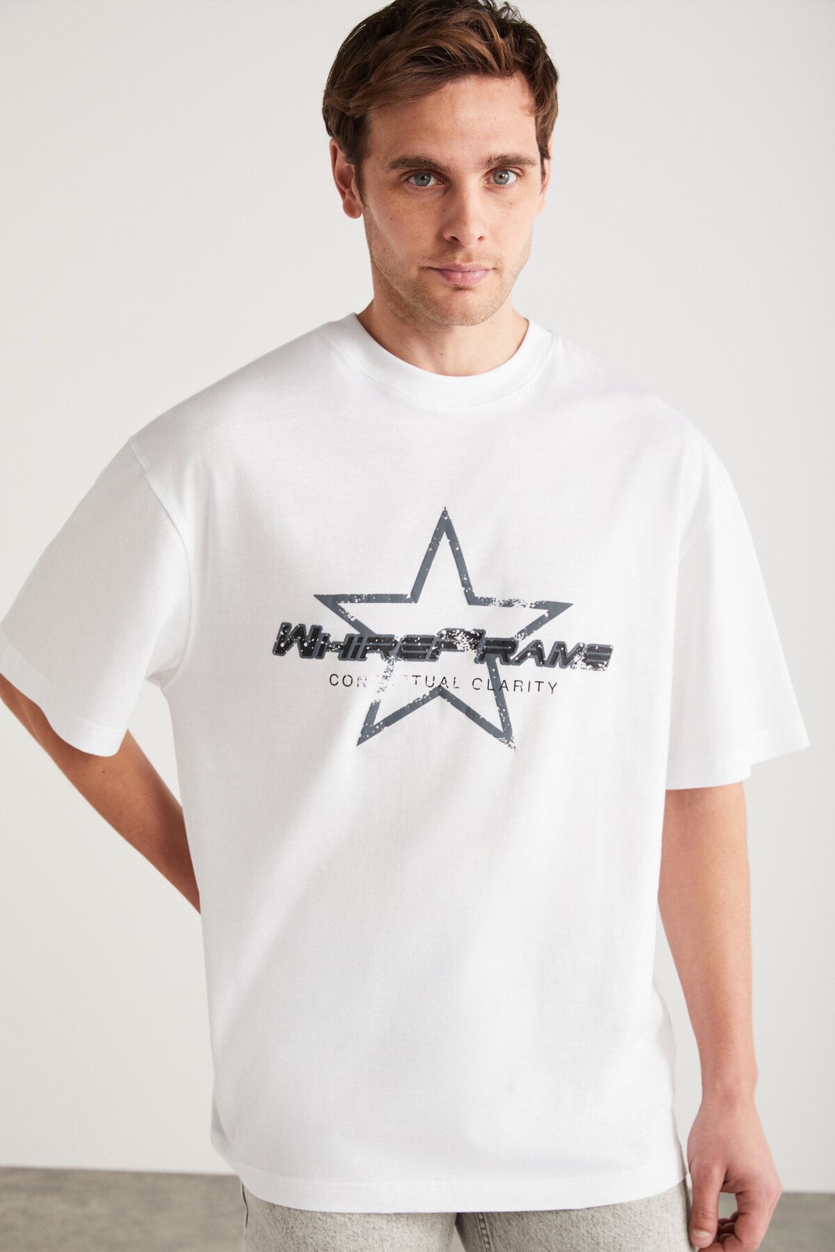 GRIMELANGE SAKURA Erkek %100 Pamuklu Yıldız Baskılı Kısa Kollu Beyaz T-Shirt