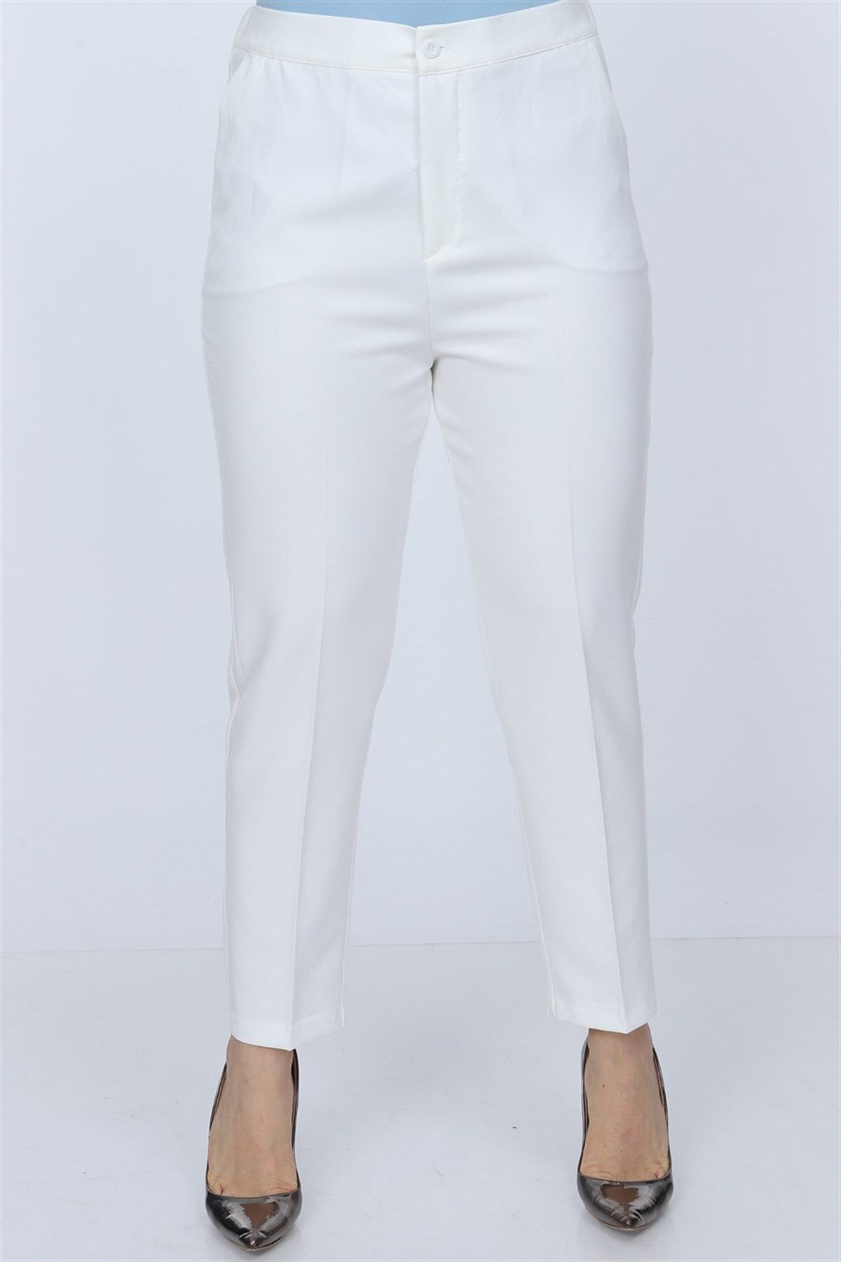 Rmg Beli Lastikli Büyük Beden Kumaş Pantolon Beyaz