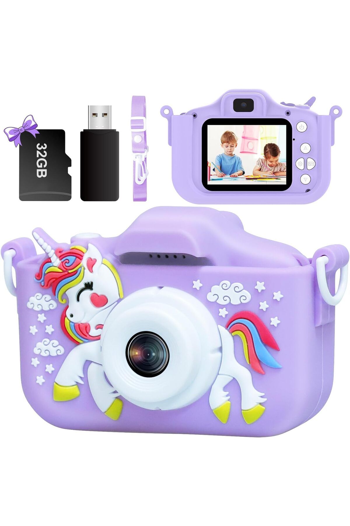 METHROP Çocuk Kamerası 32GB TF Kartlı 1080P Çocuk Dijital Kamerası Tek Boynuzlu At Kamera Kılıfı