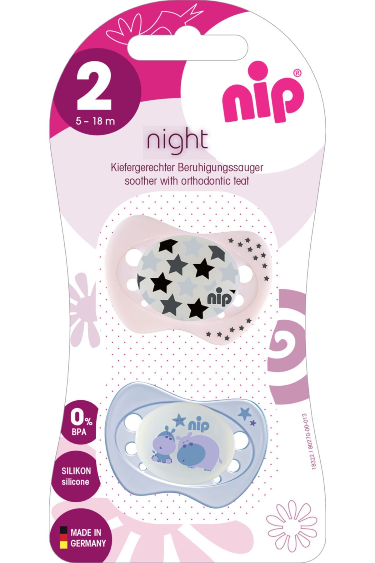 Nip Kız Bebek Çok Renkli  5-18 Ay Hipopotam ve Yıldız Night Silikon Gece Emziği