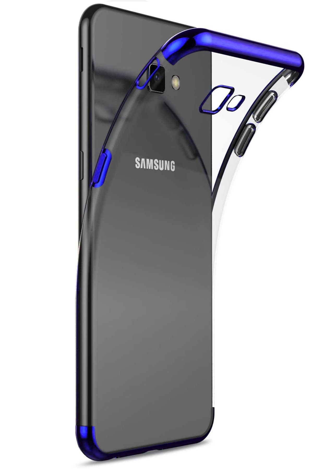 Cekuonline Samsung Galaxy J4 Plus Kılıf Mavi Kaplama Silikon Ve Mermer Desen Popsocket