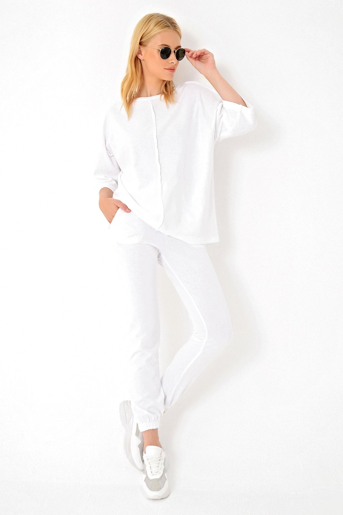 Trend Alaçatı Stili Kadın Beyaz Önü Dikişli Eşofman Takımı ALC-X4926