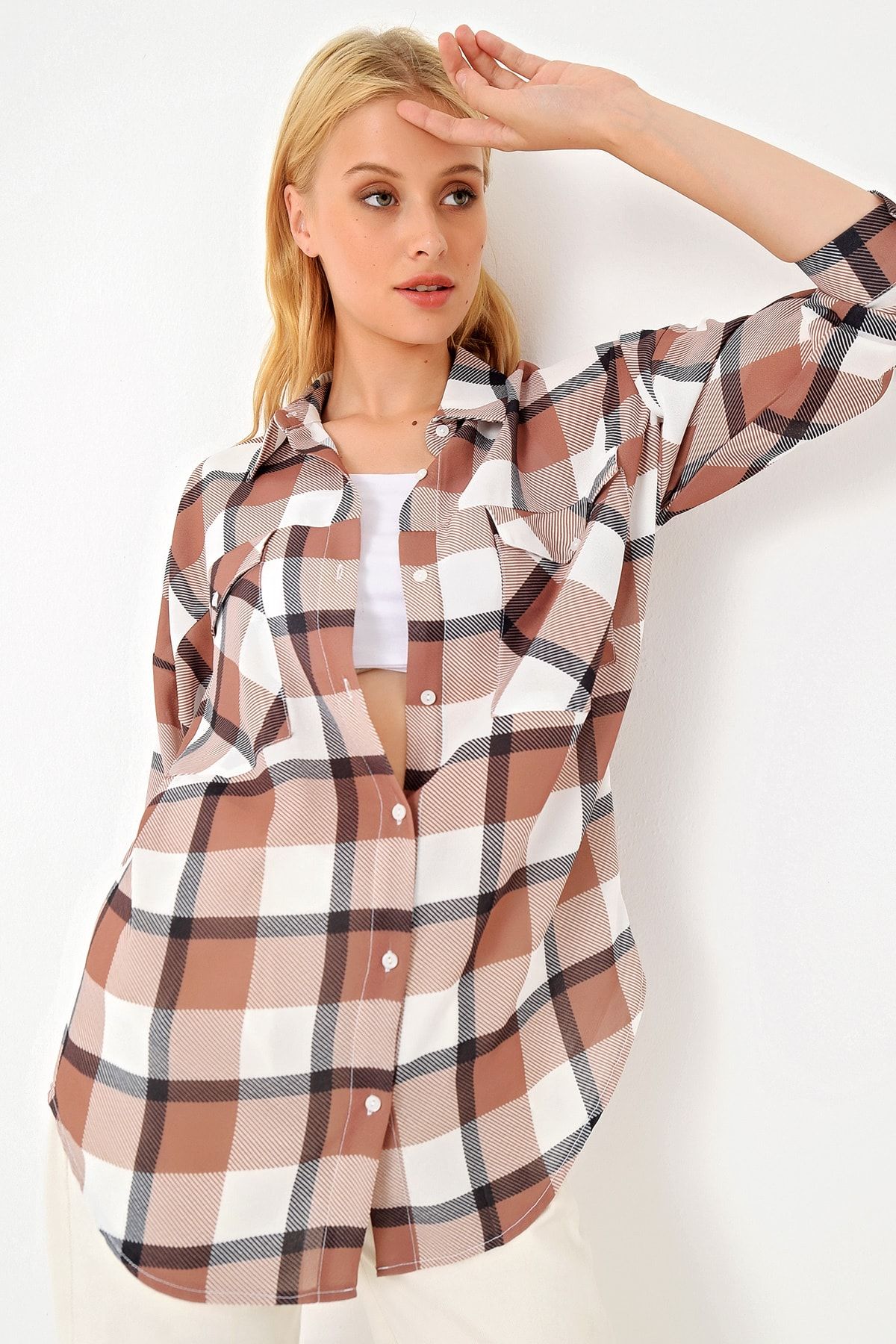 Trend Alaçatı Stili Kadın Bisküvi Çift Cep Oduncu Gömlek ALC-518-146