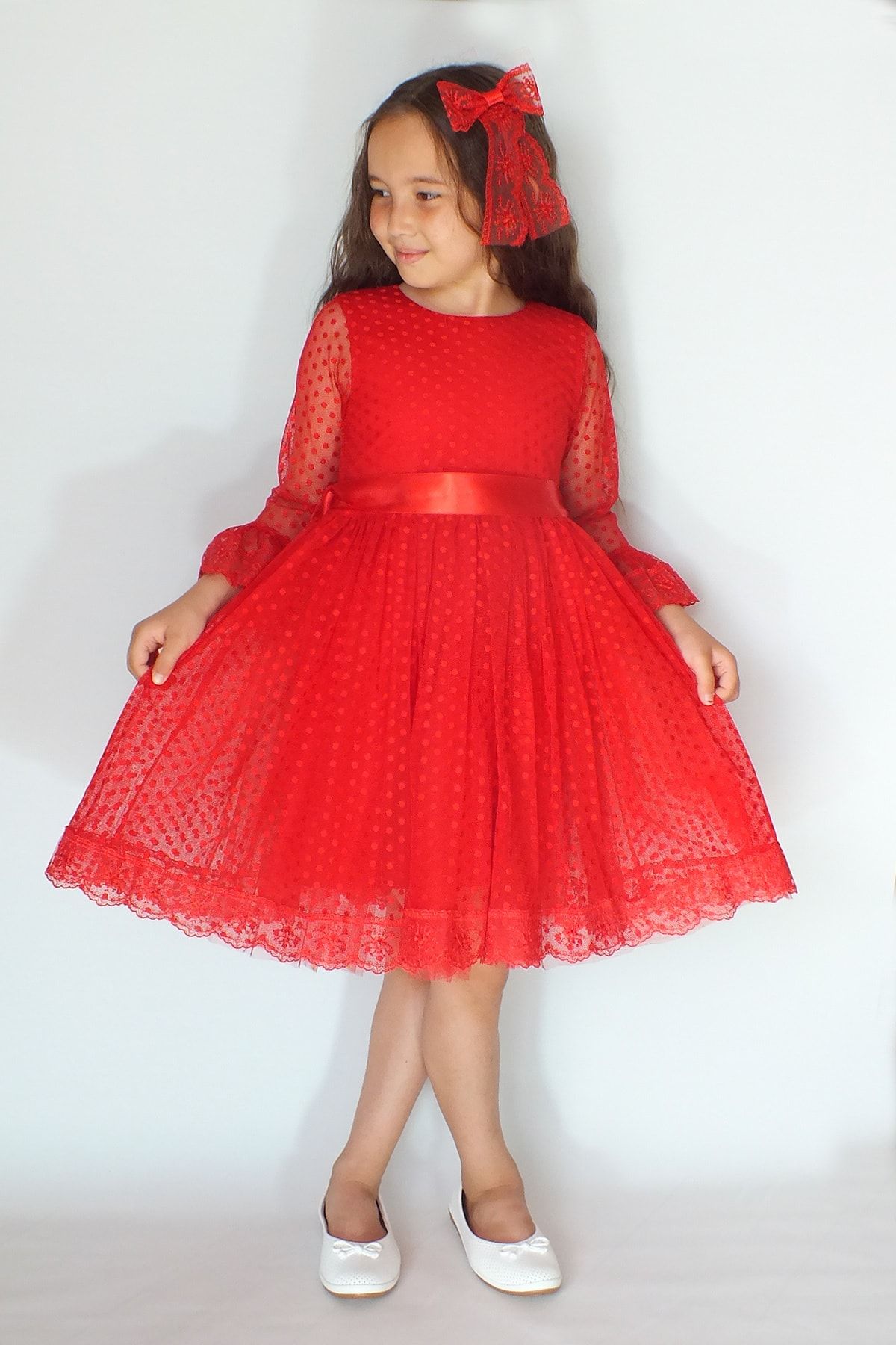 miço kids Kız Çocuk Kırmızı Dantelli  Elbise