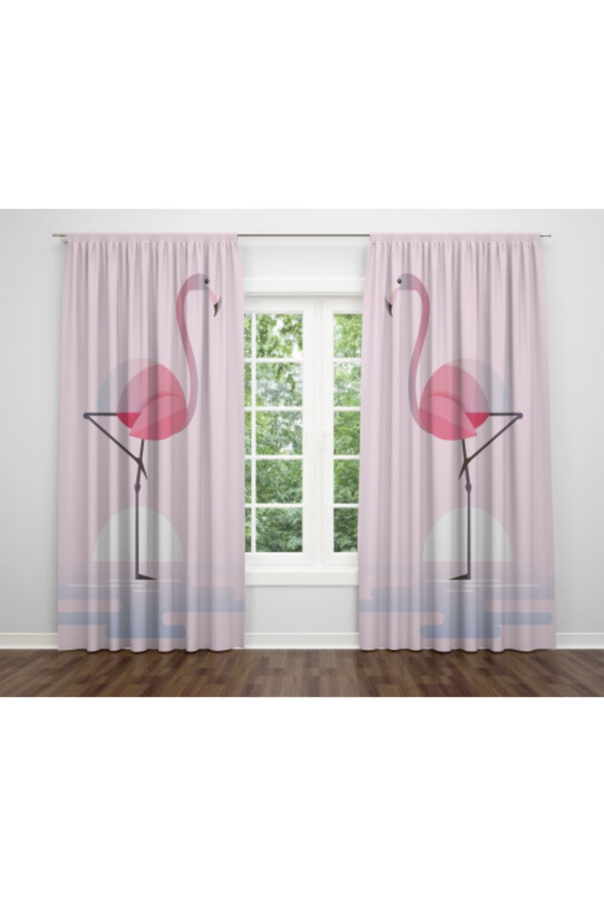 Casberghome Alban Home Dijital Baskı Çift Kanat Flamingo Fon Perde