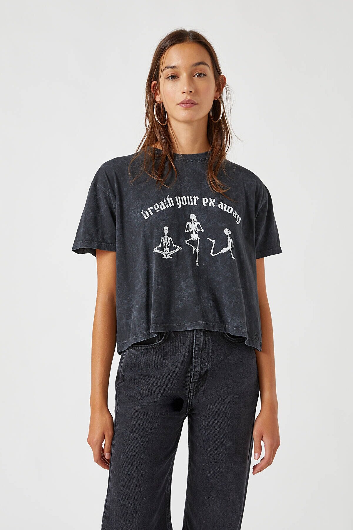 Pull & Bear Soluk Siyah İskelet Görselli  T-Shirt
