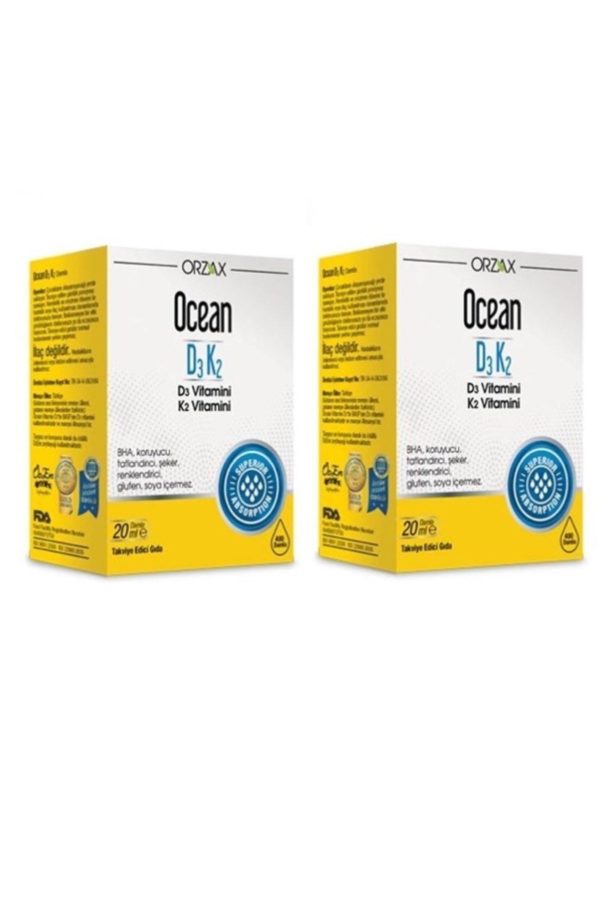 Orzax Ocean D3 Ve K2 Vitamin Desteği Damla 20 Ml X2 Adet