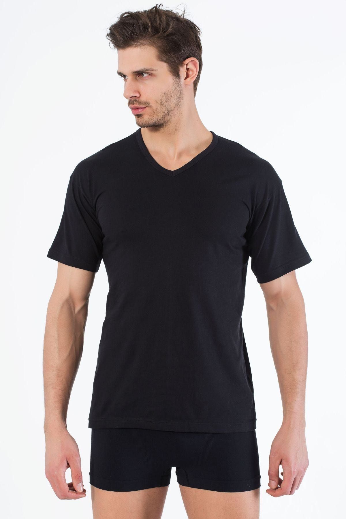 Siyah İnci Siyah Pamuklu V Yaka Kısa Kol T-Shirt