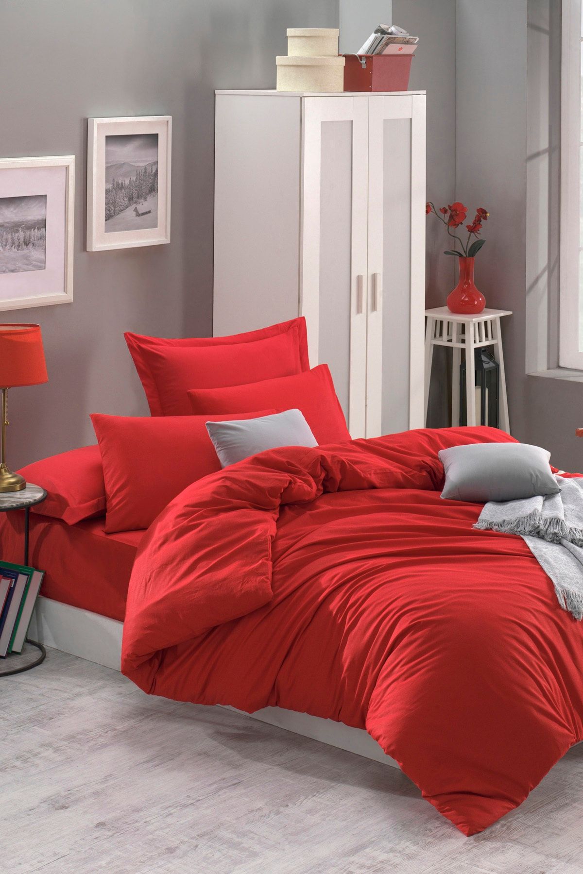 Enlora Home Stk Nevresim Takımı Çift Kişilik Düzrenk Freshcolor Kırmızı