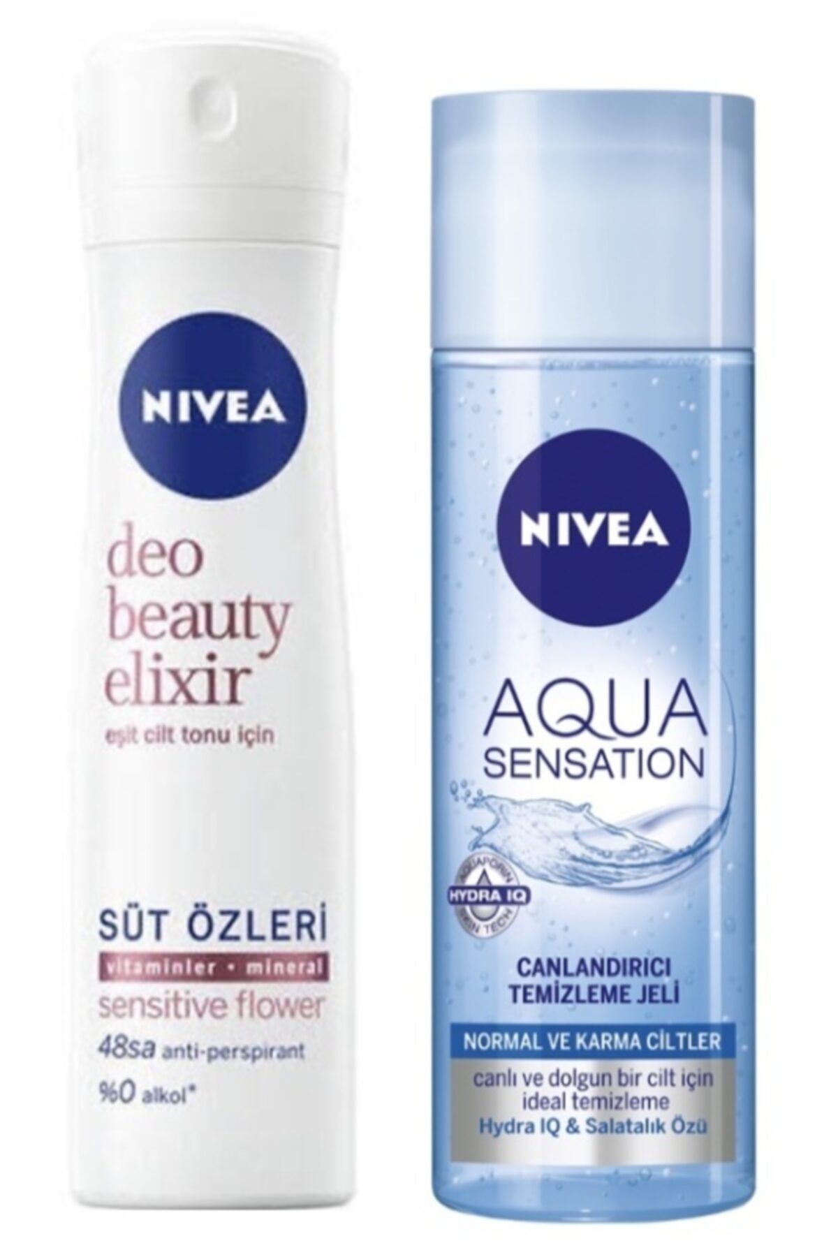 NIVEA Deodorant Beauty Elixir Sensitive Flower Kadın Sprey 150 ml  Aqua Sensation Temizleme Jeli 200 ml