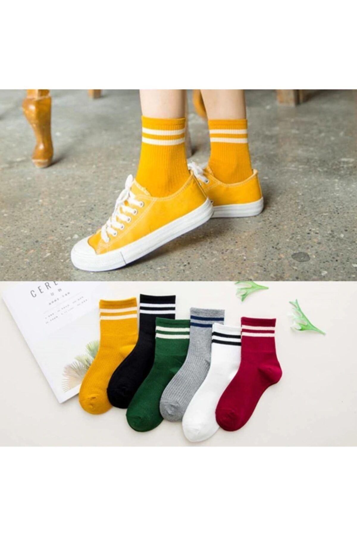 çorapmanya Kadın 6' Lı Karışık Renkli Çizgili Tenis Çorabı