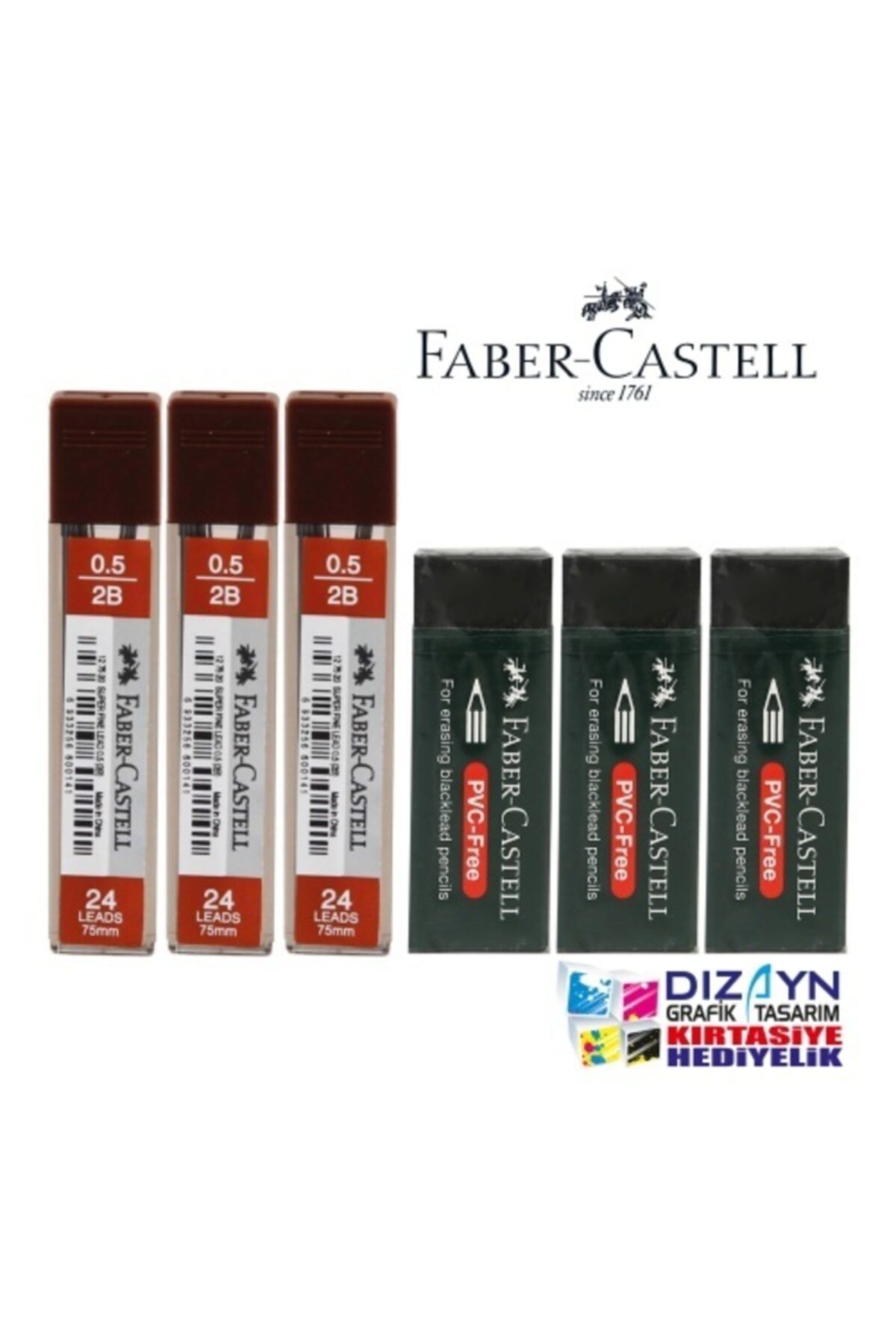 Faber Castell 3 Adet 0,5 Min 2b + 3 Adet Büyük Siyah Silgi Set
