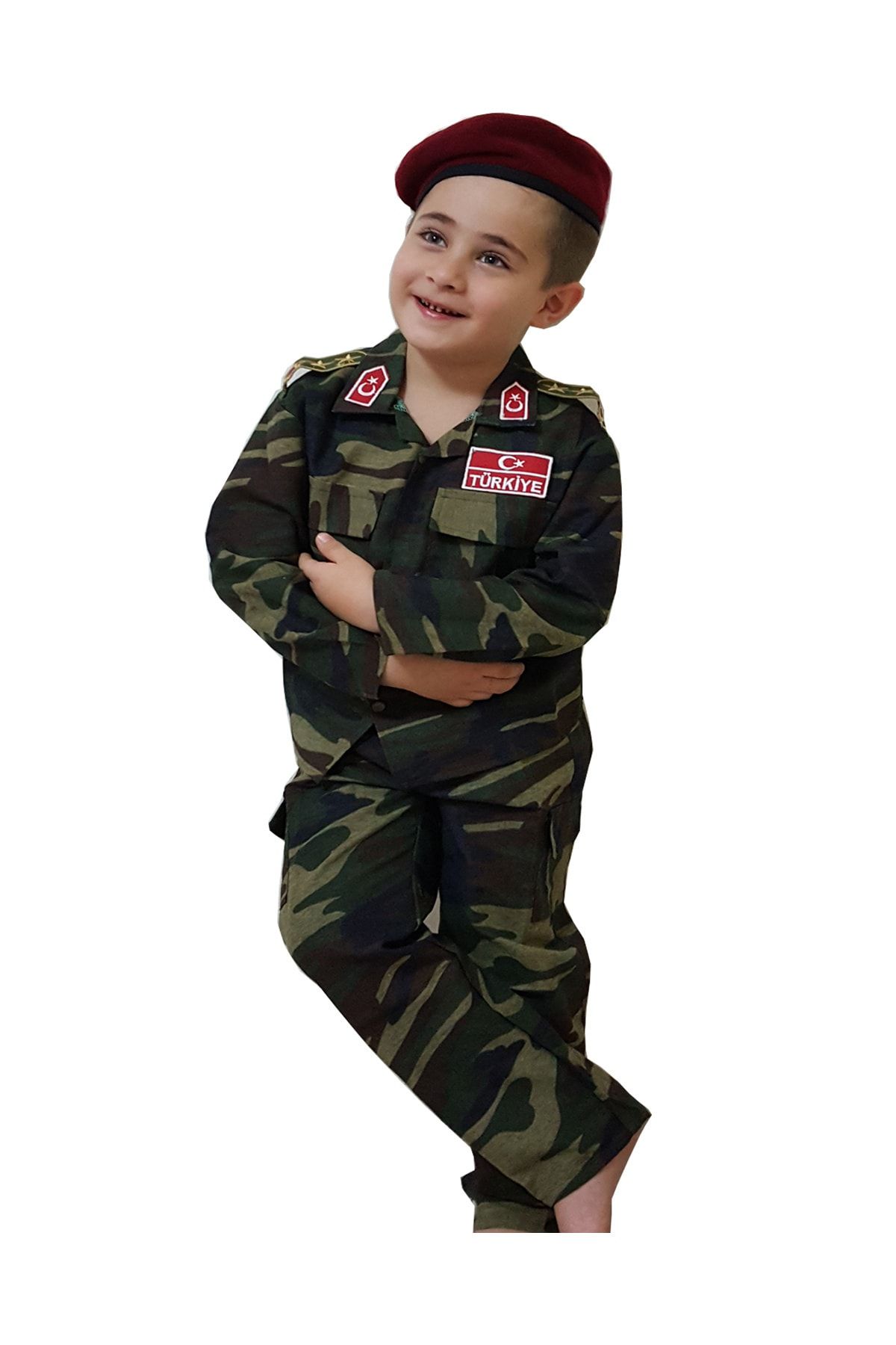 DEHAMODA 3 Parça Bordo Bereli Koyu Renk Gömlekli Çocuk Asker Komando Kıyafeti