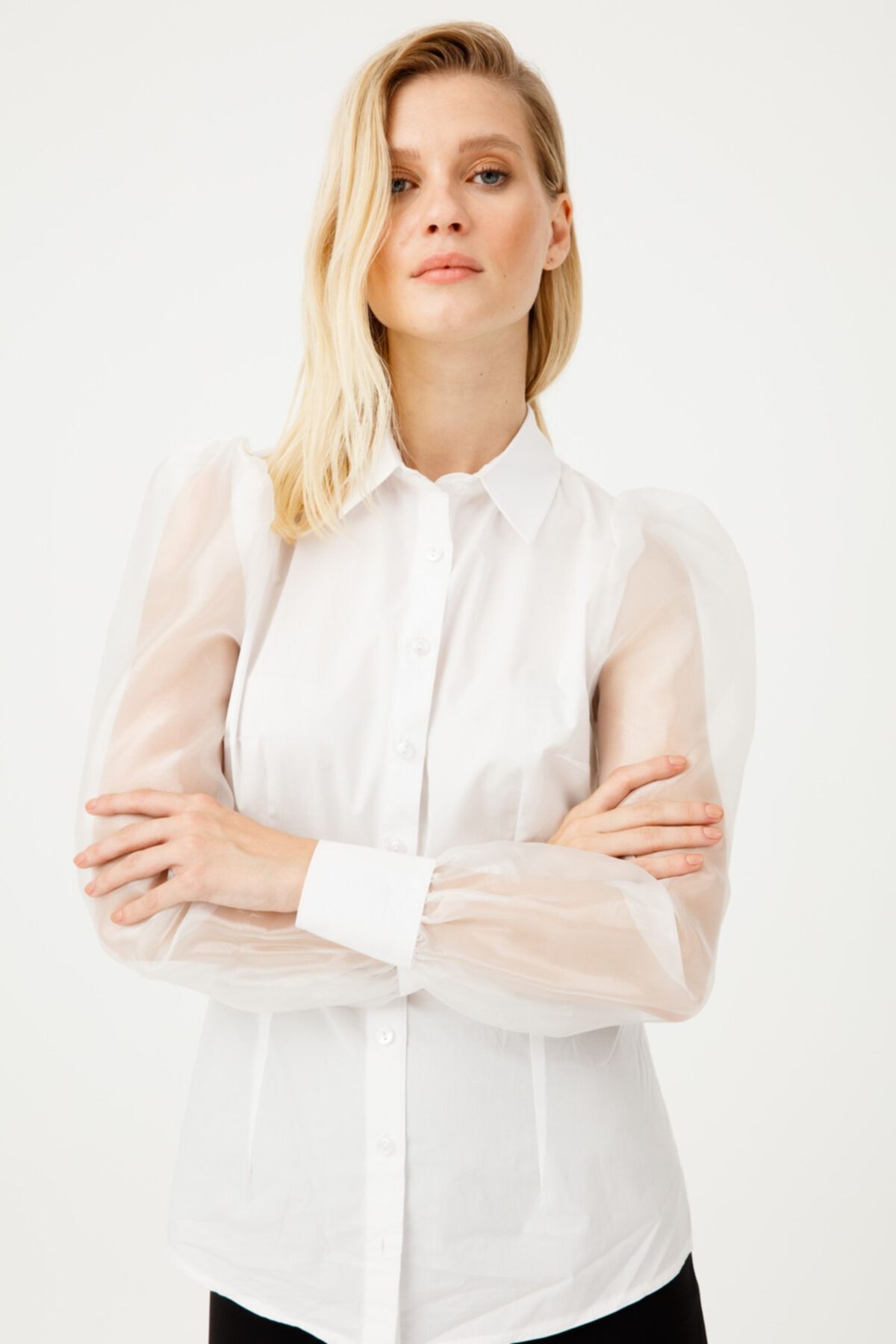 ON Kadın Beyaz  Kolları Organze Cot Gömlek