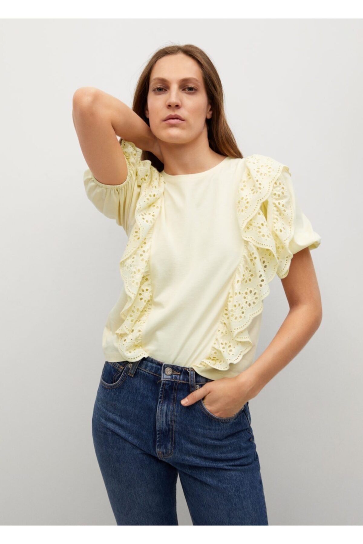 MANGO Kadın Pastel Sarı Delikli Pamuklu Tişört