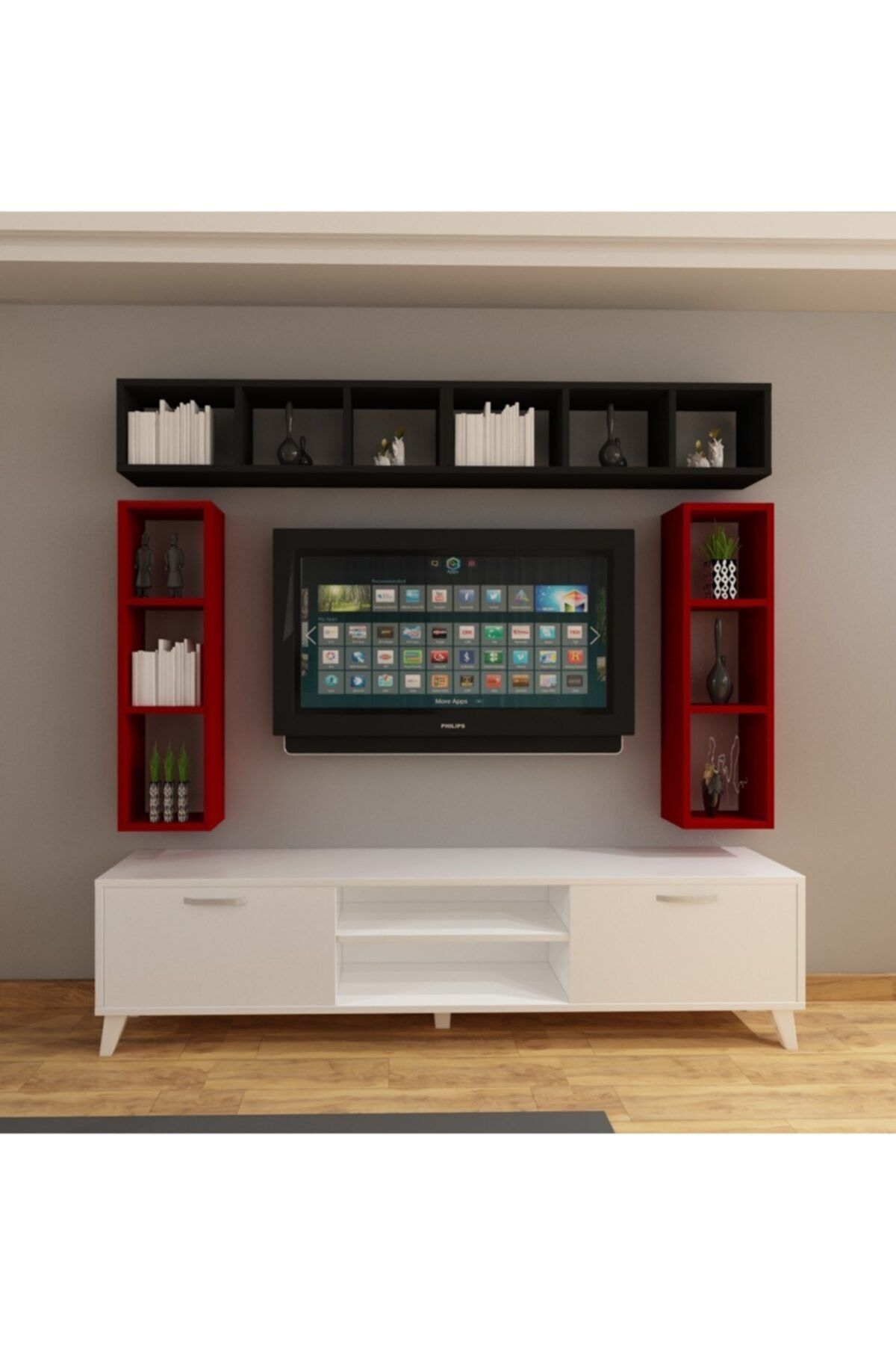Dekormer Design Tv Ünitesi Dolaplı Beyaz Siyah Kırmızı 180 cm Ve Kitaplıklı