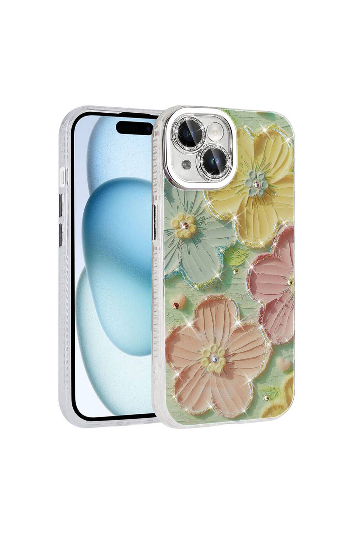 Nezih Case Apple iPhone 15 Uyumlu Çiçek Desenli Parlak Taşlı Sert Silikon Kapak Kılıf