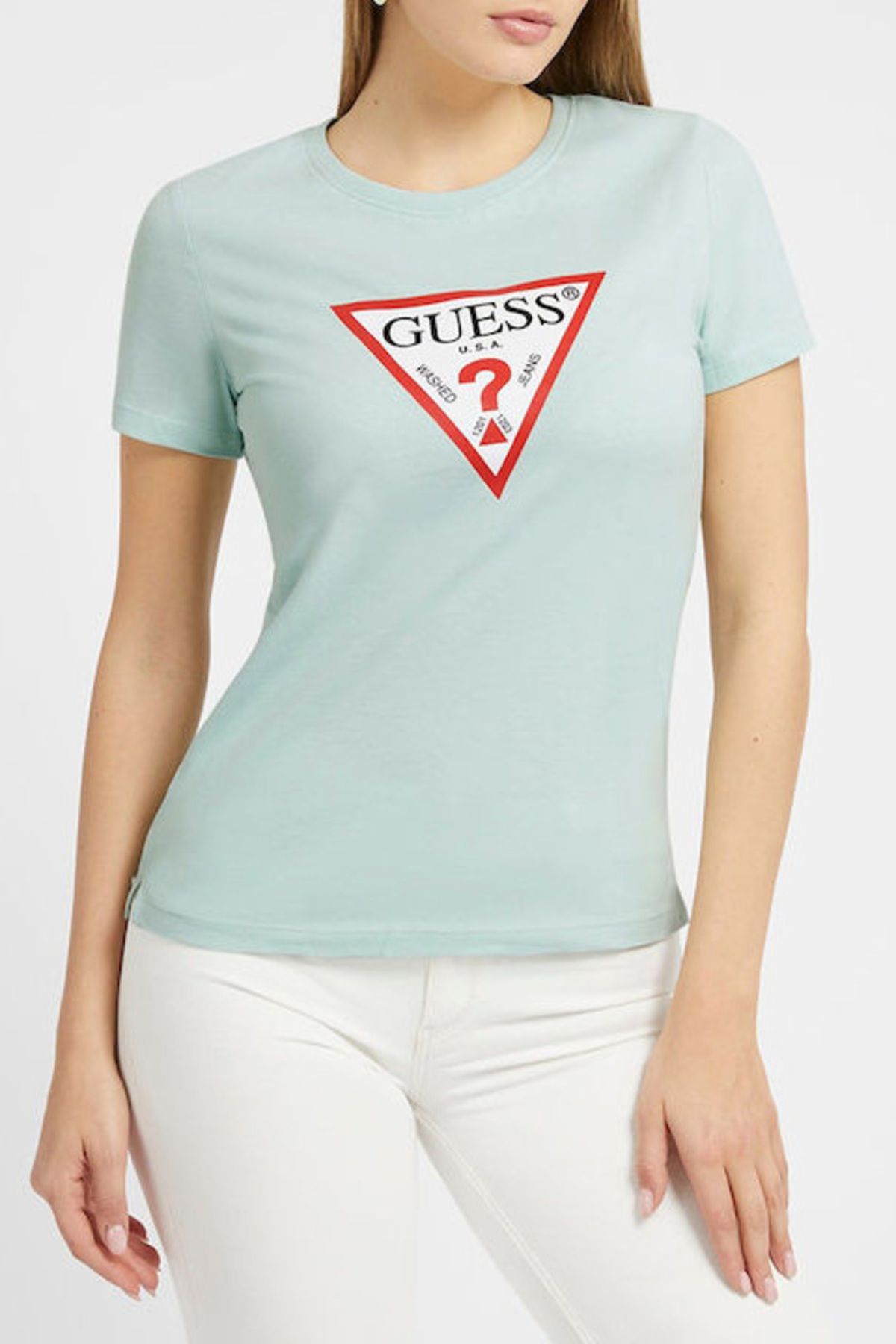 Guess Kadın Üçgen Logolu T-shirt-Açık Yeşil
