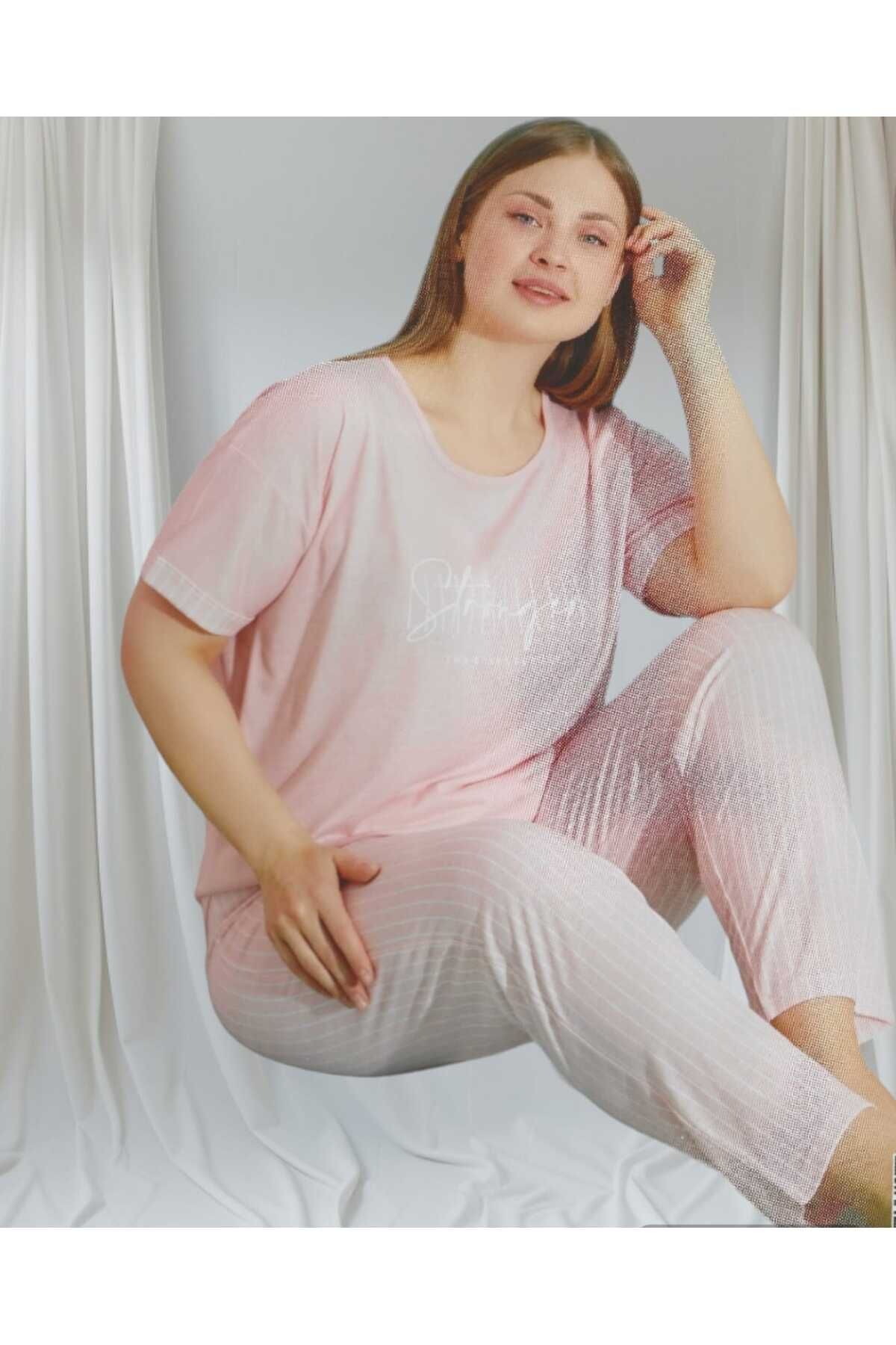 Pijamoni Kadın Sıfır Yaka Kısa kol Battal Büyük Beden Anne Yazlık Pijama Takımı