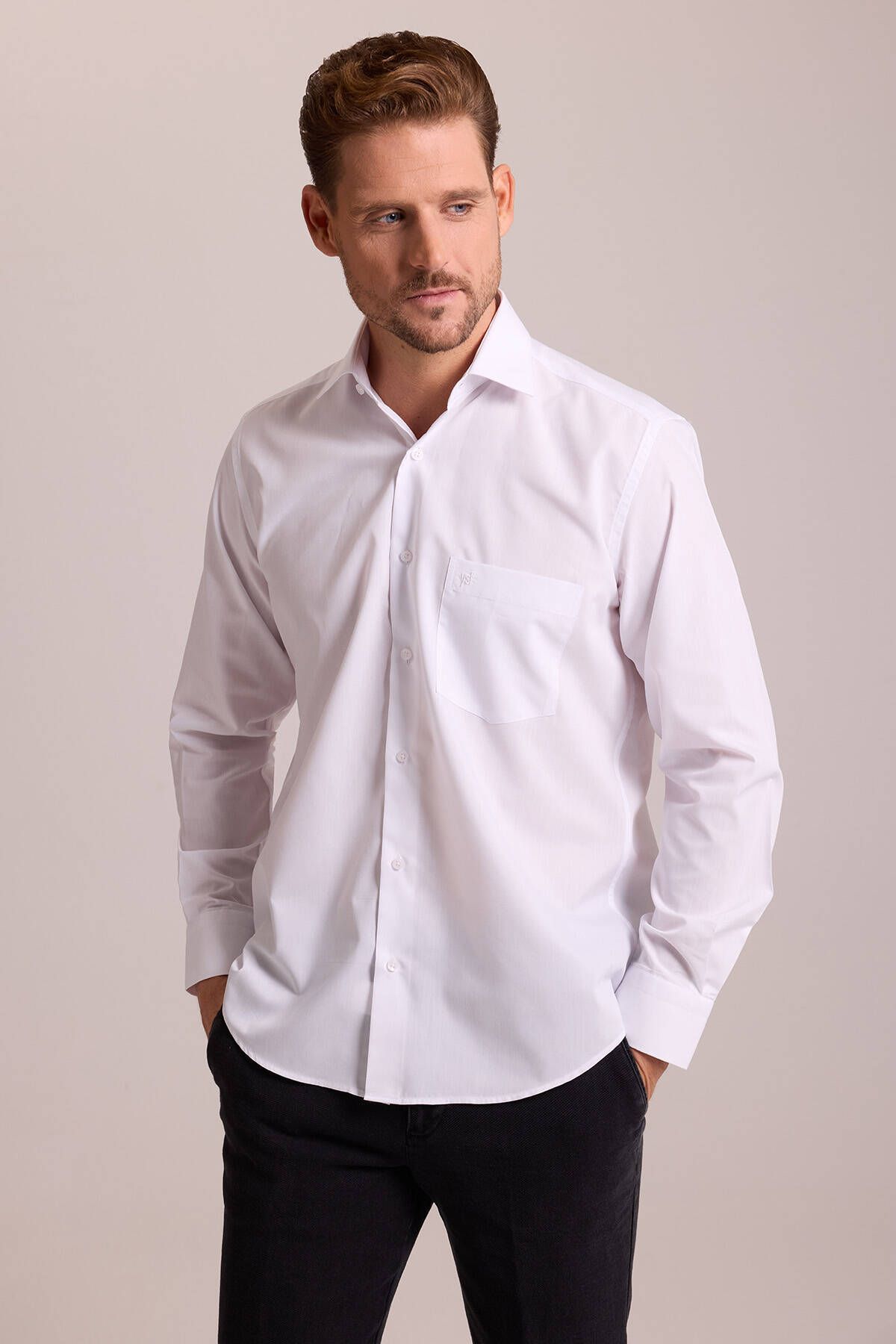 YSF Erkek Beyaz Regular Fit Uzun Kollu Pamuklu Gömlek