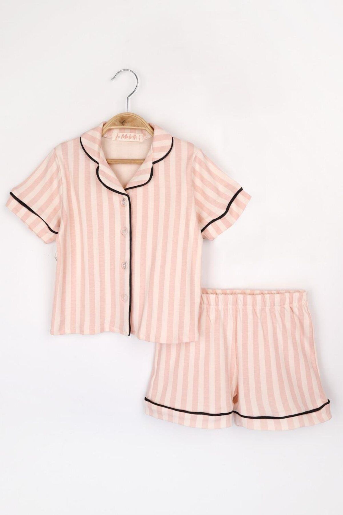 Le Mabelle Pudra Şeritli Penye Kız Çocuk Pijama Takımı