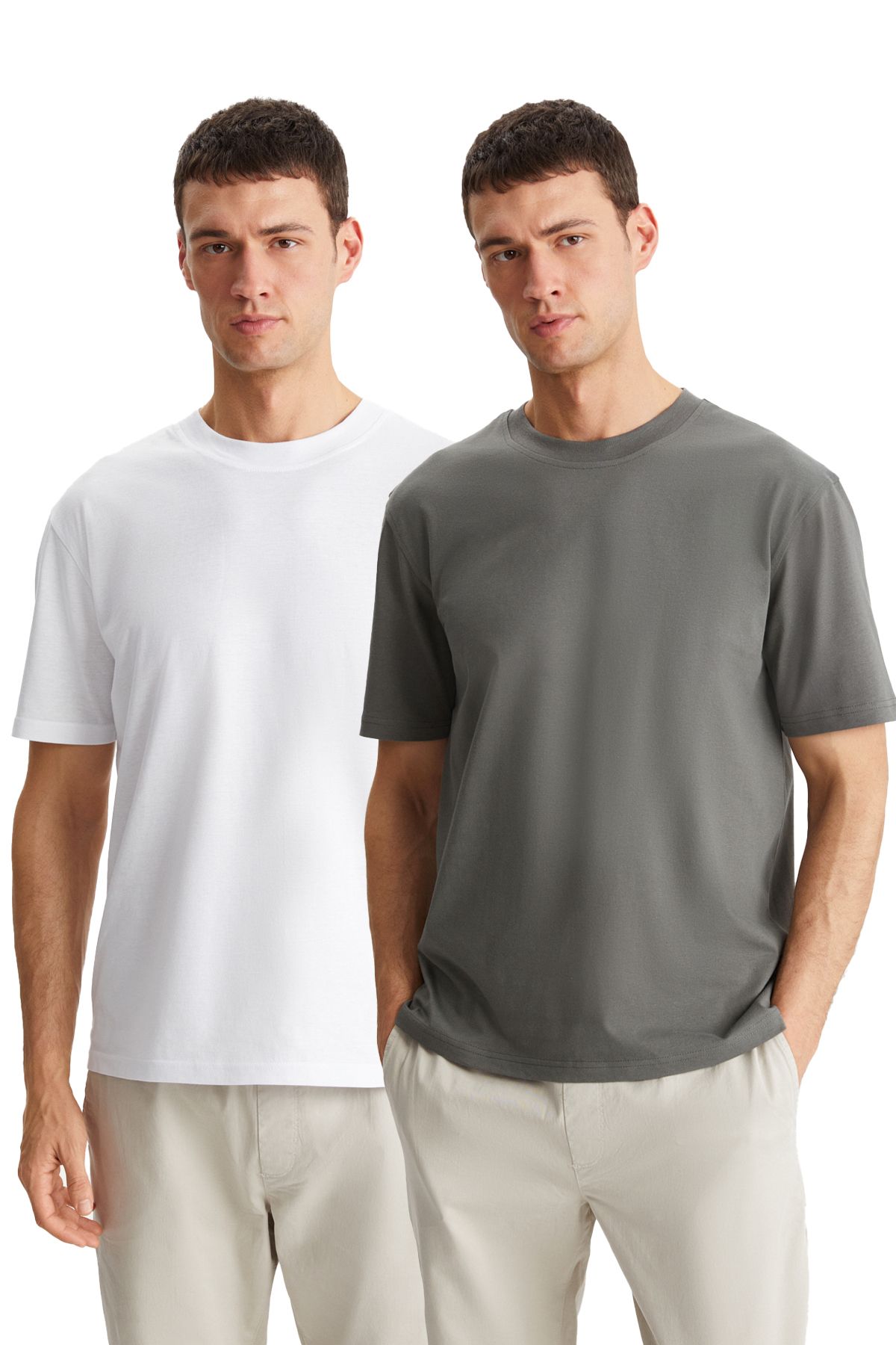 GRIMELANGE DAXTON Erkek %100 Pamuk 2'li Paket Kısa Kollu Regular Fit Baskılı Gri / Beyaz T-Shirt
