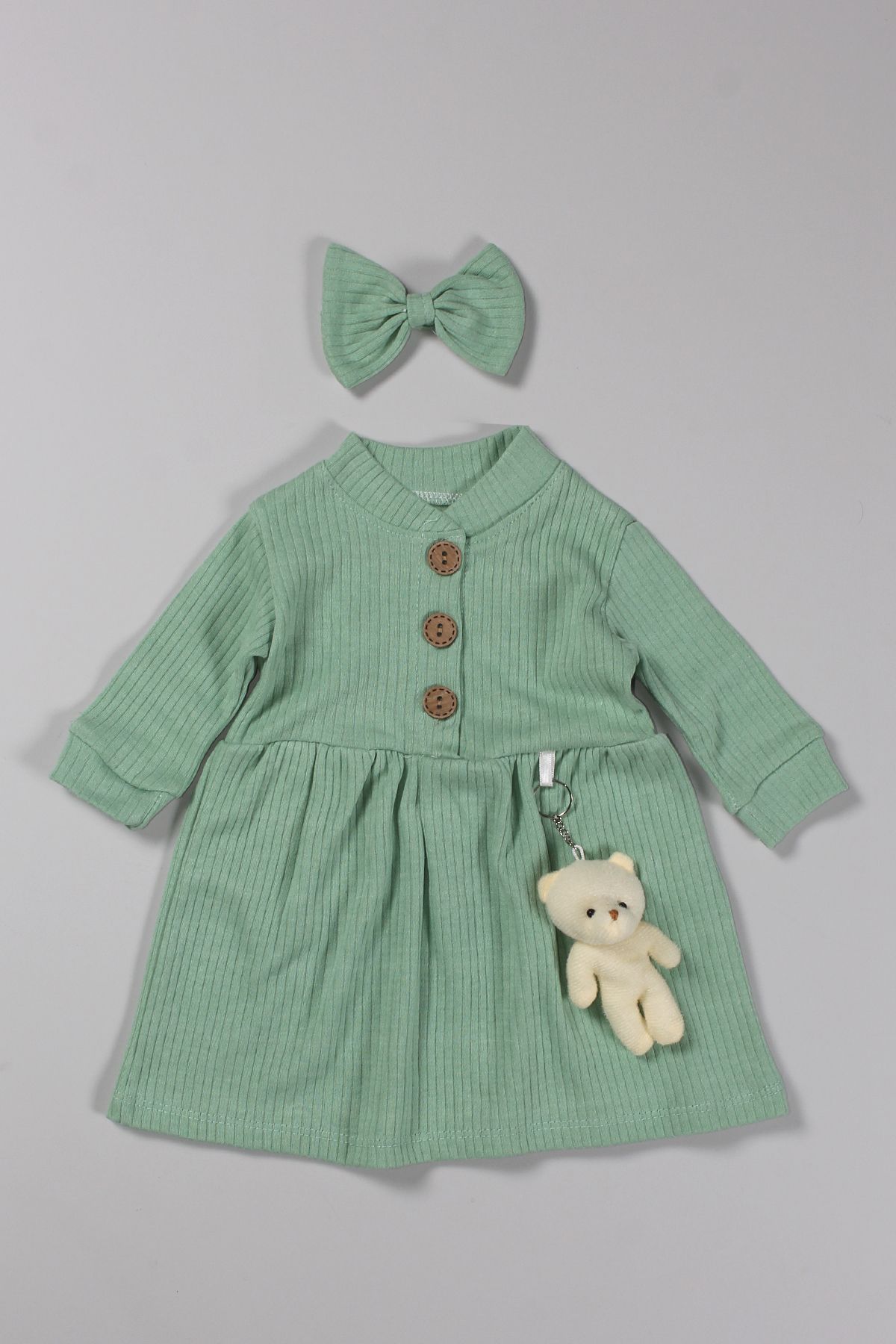 Peki Bebek 5 Al 4 Öde Çocuk Kız Pamuklu Ayıcık Figürlü Fiyonk Kıstırmalı Toka Fiyonk Kurdela Elbise 14710