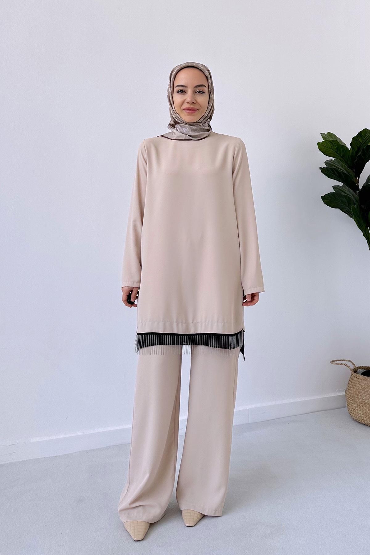 Ka Hijab Etek Ucu Zincir Takım - Bej