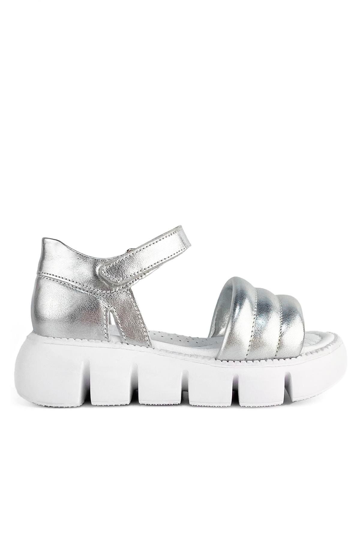 Cici Bebe Ayakkabı Hakiki Deri Gümüş Kız Çocuk Sandalet