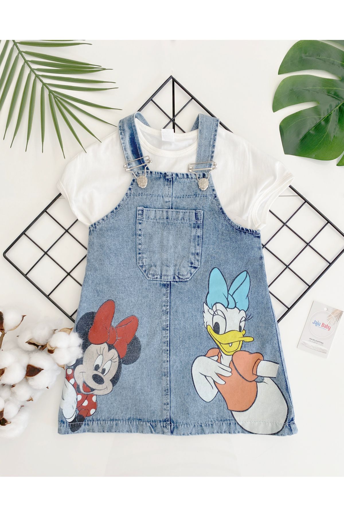 Jaju Baby Kız Çocuk Mickey Mouse Ve Daisy Duck Desenli Kot Salopet Elbise Ve Body Takım