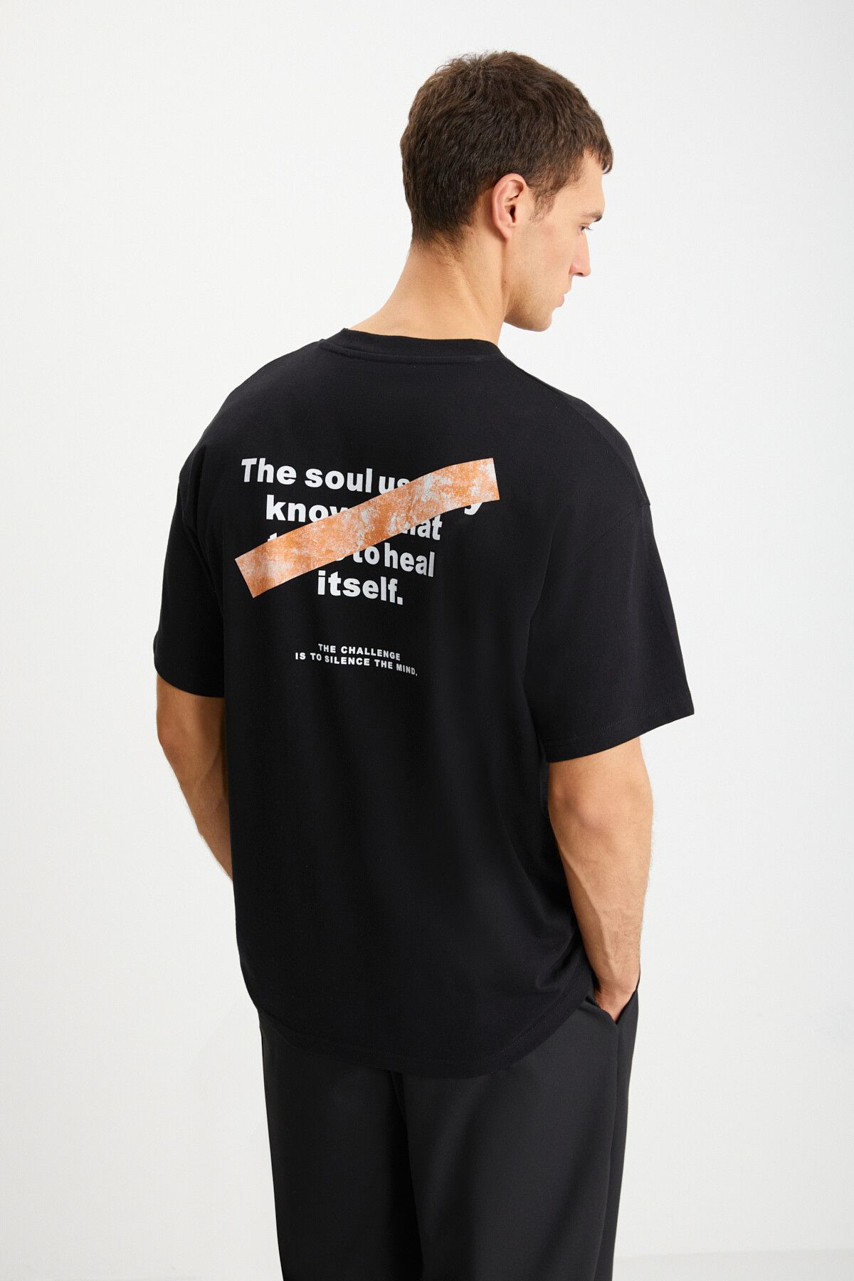 GRIMELANGE Mark Erkek Oversize Fit %100 Pamuk Kalın Dokulu Baskılı Siyah T-shirt