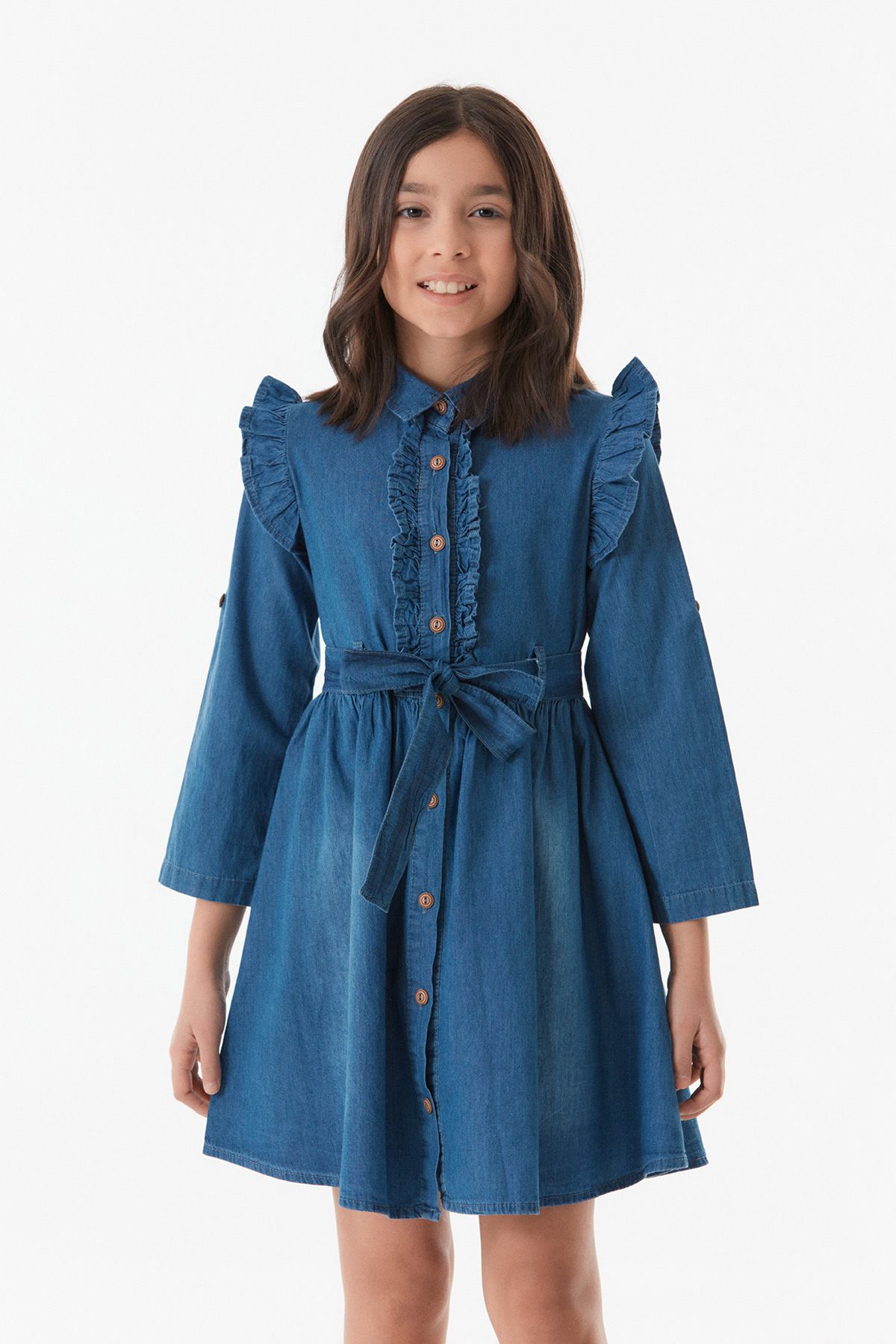 Fullamoda Beli Kuşaklı Fırfır Detaylı Kız Çocuk Kot Elbise