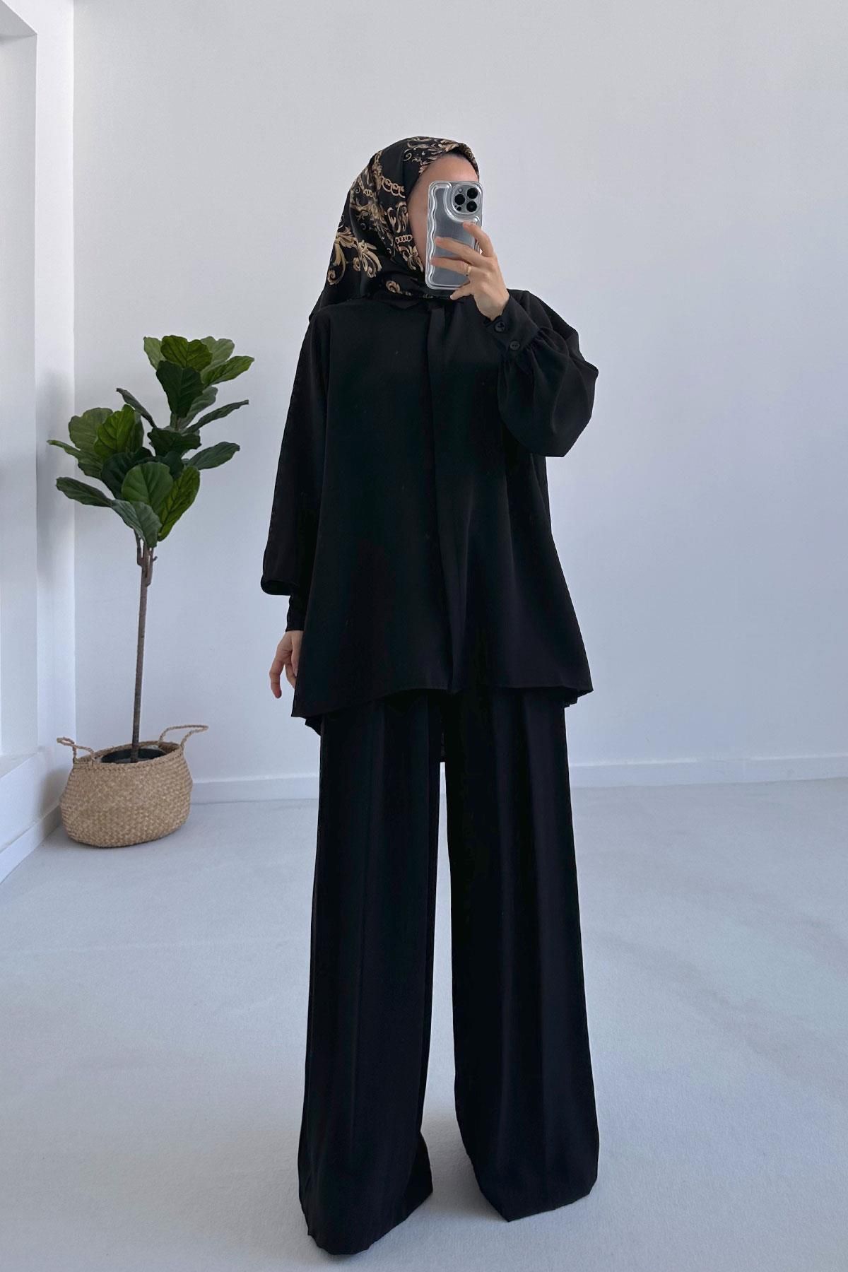 Ka Hijab Gizli Düğmeli Krep Takım - Siyah