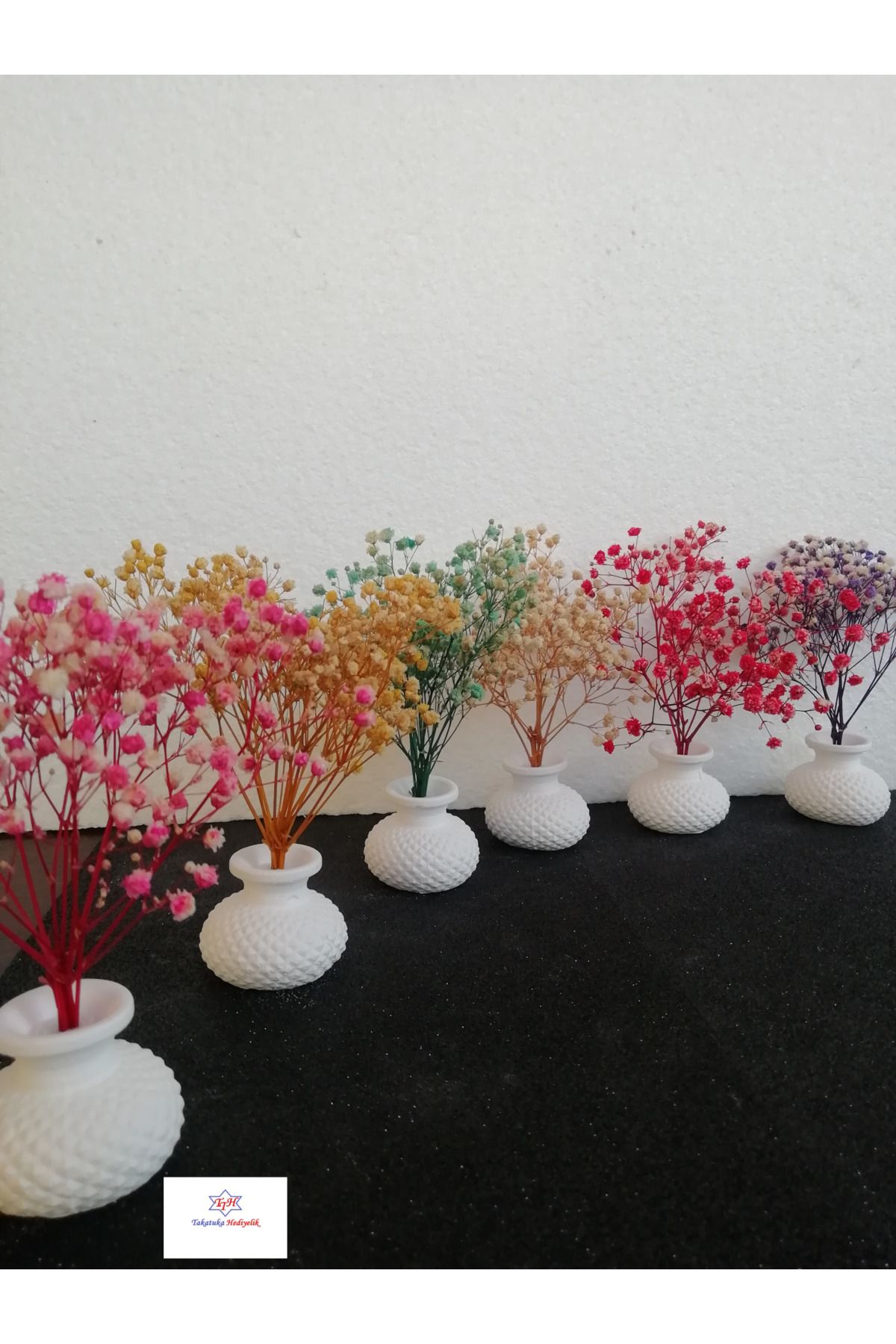 TTH Takatuka Hediyelik Dekoratif 6lı Set Mini Tombik  Beton Vazolu Saksılı Kuru Çiçek Başak Cipso Kahve Yanı Sunumluk Obje