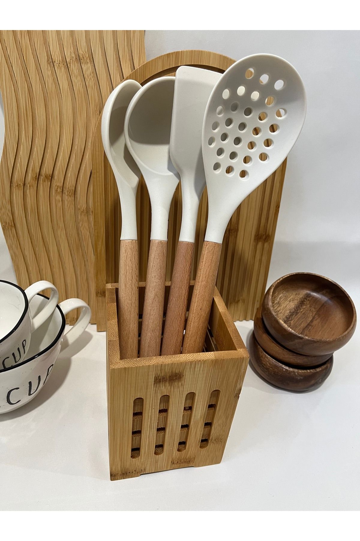 Mirilliahome 4 Parça  Bambu Saplı Silikon Mutfak Servis Seti, Servis Takımı, Pişirme Gereçleri