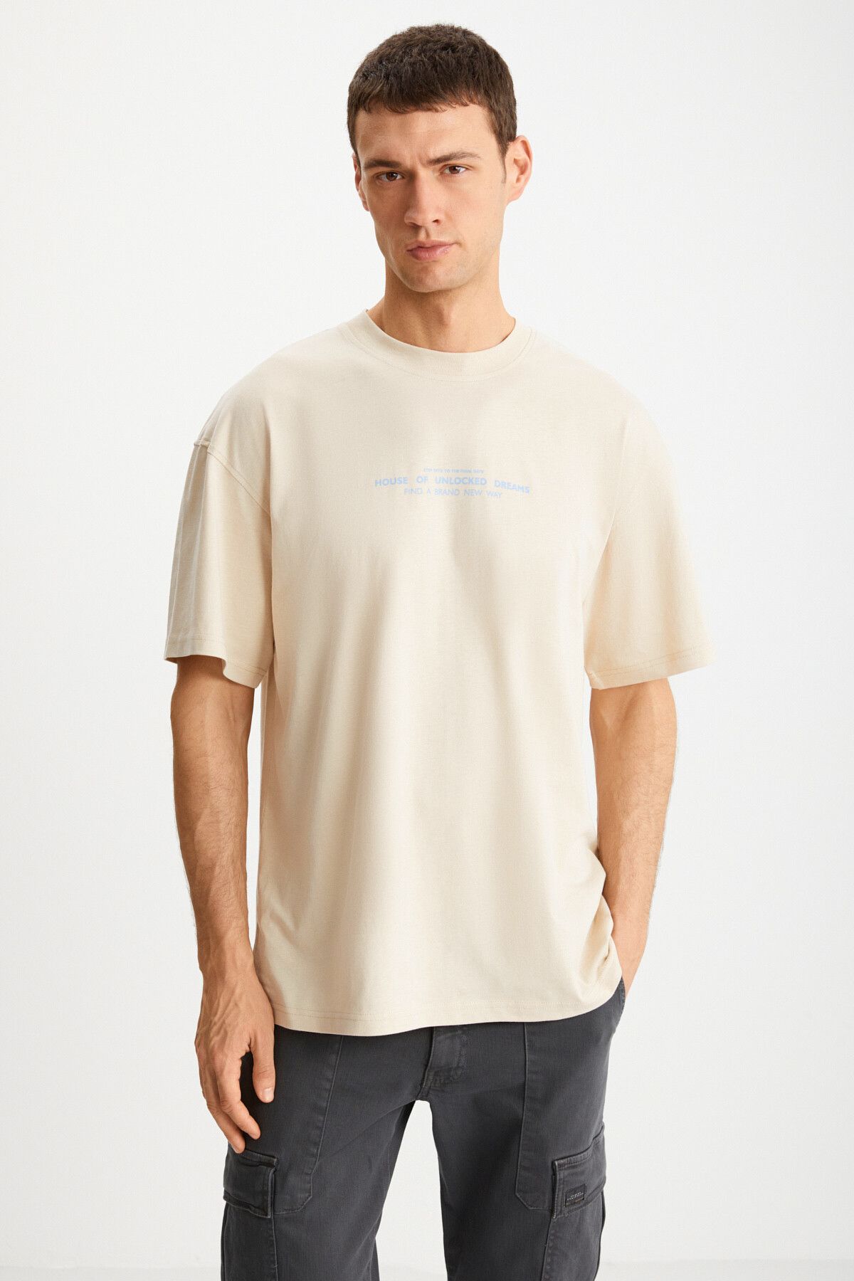 GRIMELANGE FRANK Erkek Oversize Fit %100 Pamuk Kalın Dokulu Baskılı Bej T-Shirt